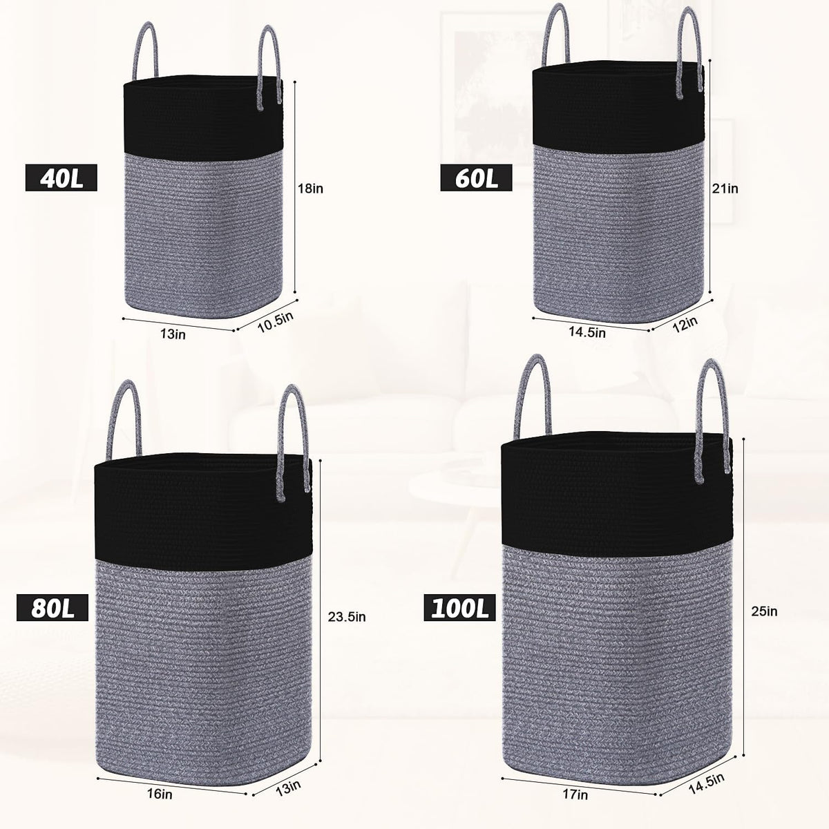 Laundry Basket,Woven Cotton Rope Laundry Hamper,Versatile Storage for Dirty Clothes,Baby Toys,and Blankets in Bathroom, Nursery,and Living Room (Black, 60L)
