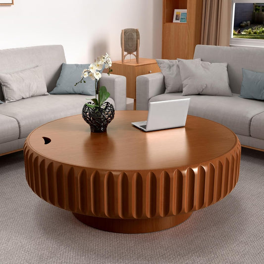 Round Coffee Table with Storage (Brown 39.37") | Handcraft Fluted Drum, Modern Circle Wooden Coffee Table, Cocktail Table for Living Room, Home Office Apartment