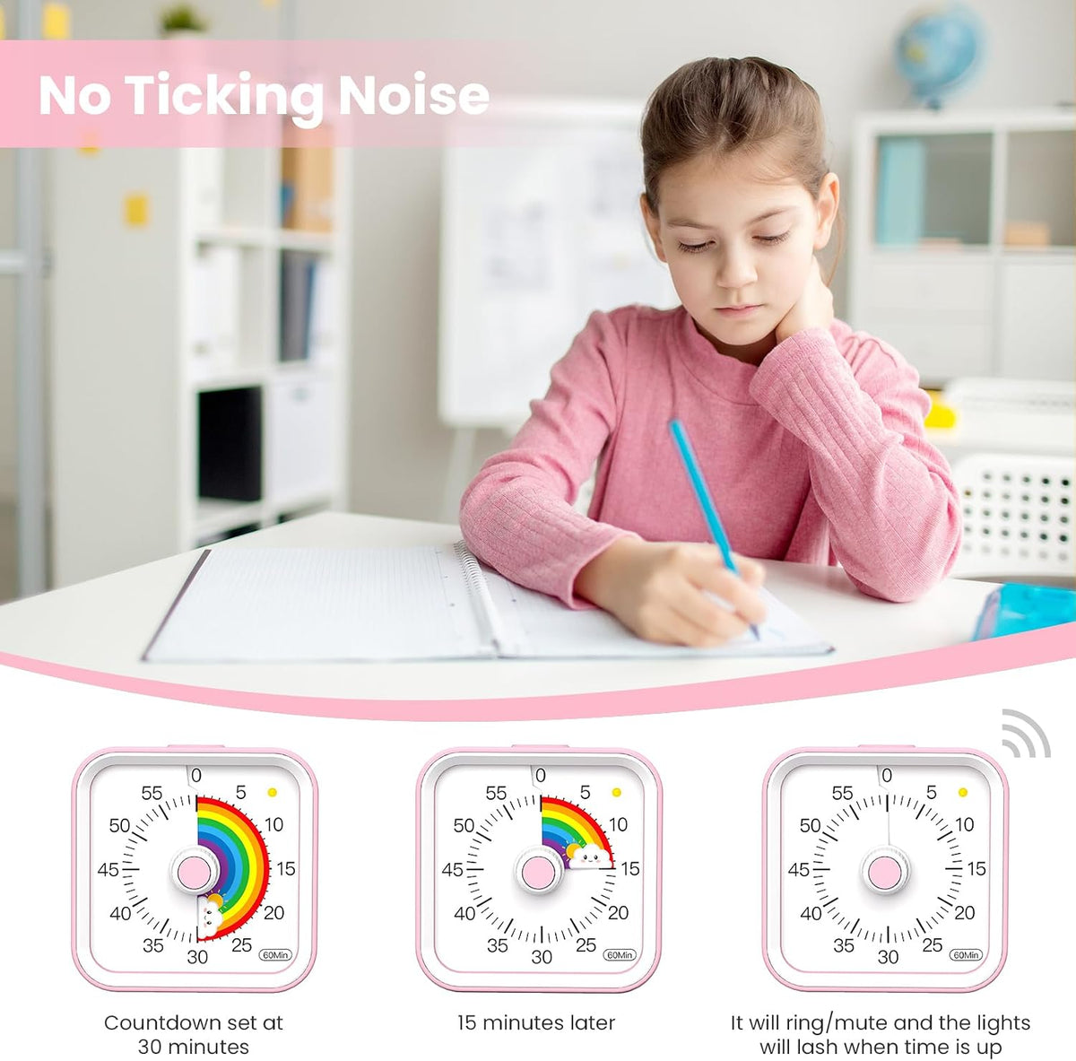 Visual Timer for Kids, Rainbow Timer with Pause Function, Pink