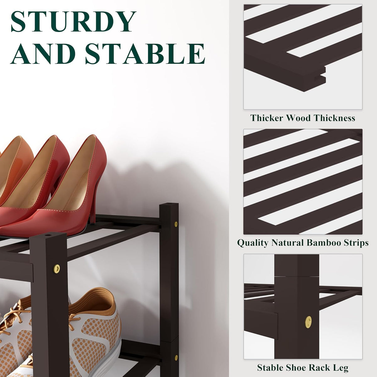Smiry Bamboo Shoe Rack, 8 Vertical Slats, 2 Tier - 17.3" Wide, Brown