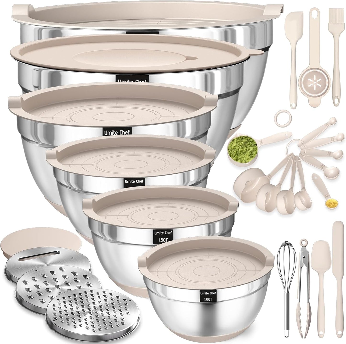 Thickened Heavy-Duty 26pcs Stainless Steel Bowl, Mixing Bowl Set with Lid, Grater Attachment, Non-Slip Bottom and Kitchen Gadget Set, Sizes 7, 4, 2.5, 2.0, 1.5, 1QT, Ideal for Mixing and Serving
