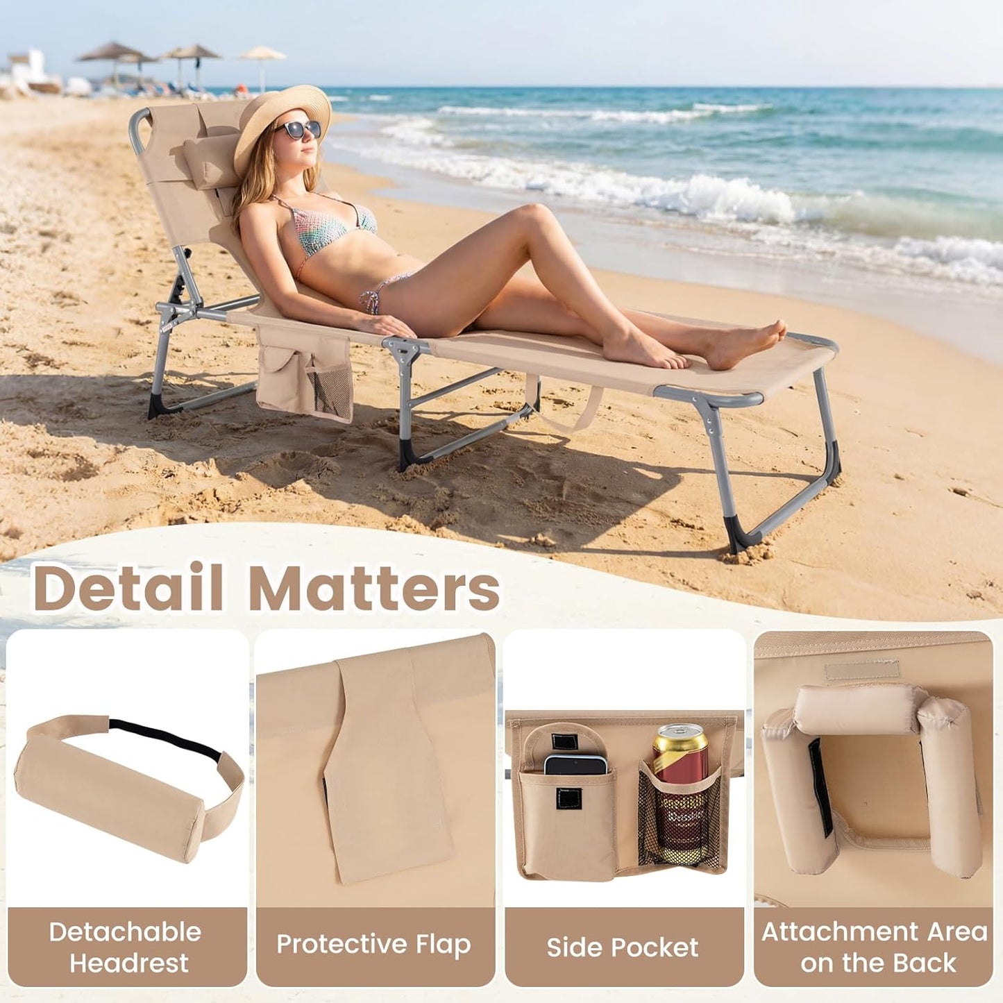 COSTWAY Tanning Chair with Face Hole, Folding Beach Lounge Chair with 4-Position Adjustable Backrest, Pillow & Side Pocket, Foldable Chaise Lounge Chair Outdoor for Sunbathing, Camping (1, Beige)