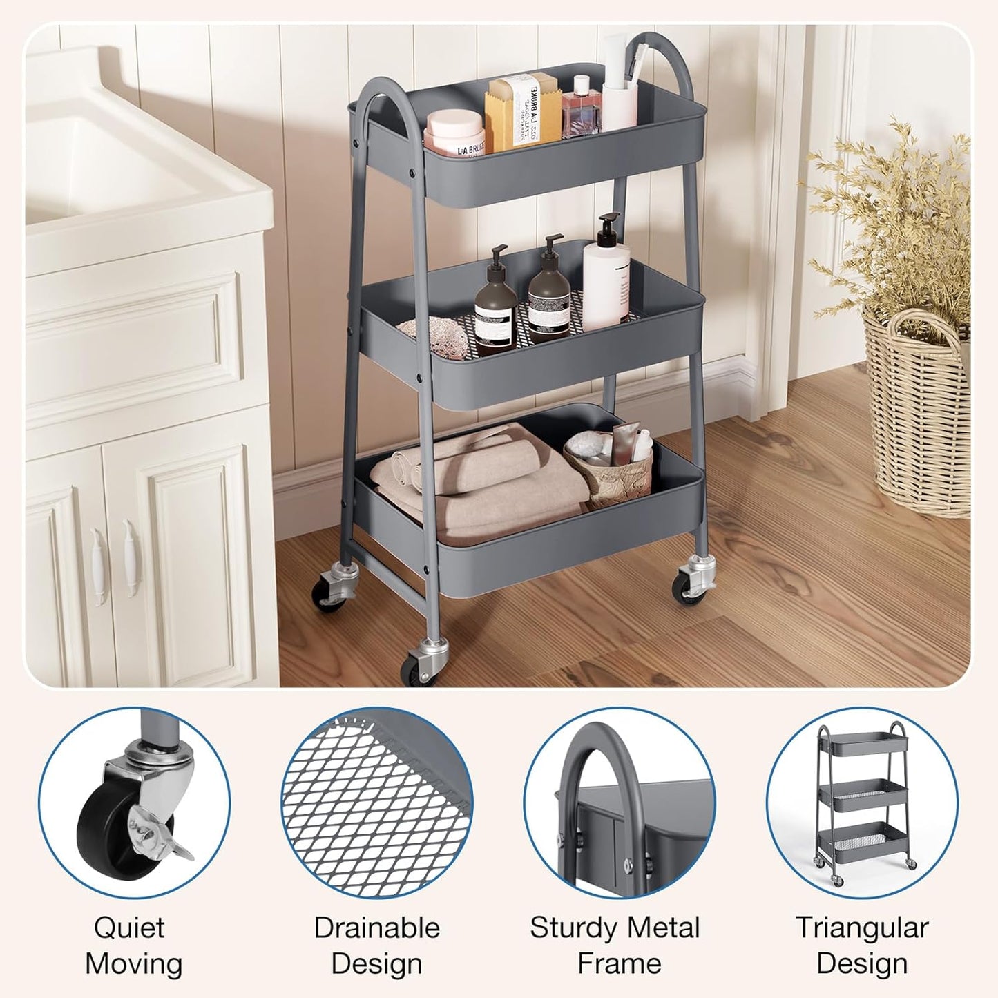 OLIXIS Metal 3 Tiers Utility Rolling Cart, Mobile Storage Shelf with Lockable Caster Wheels, Organization for Livingroom, Bathroom & Narrow Places, Gray