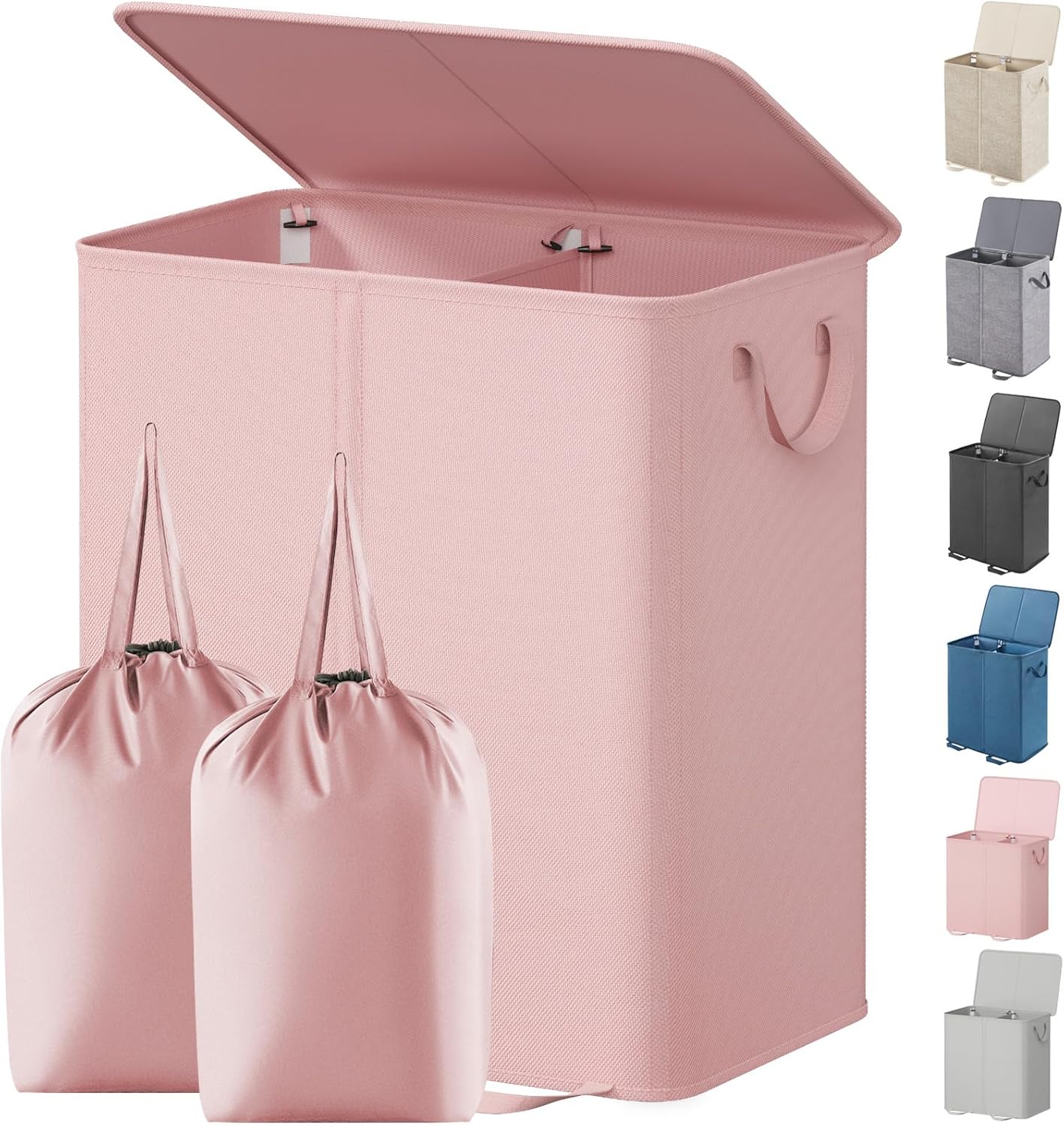 Lifewit Double Laundry Hamper with Lid and Removable Laundry Bags, Large Collapsible 2 Dividers Dirty Clothes Basket with Handles for Bedroom Laundry Room Closet Bathroom College, 136L Beige