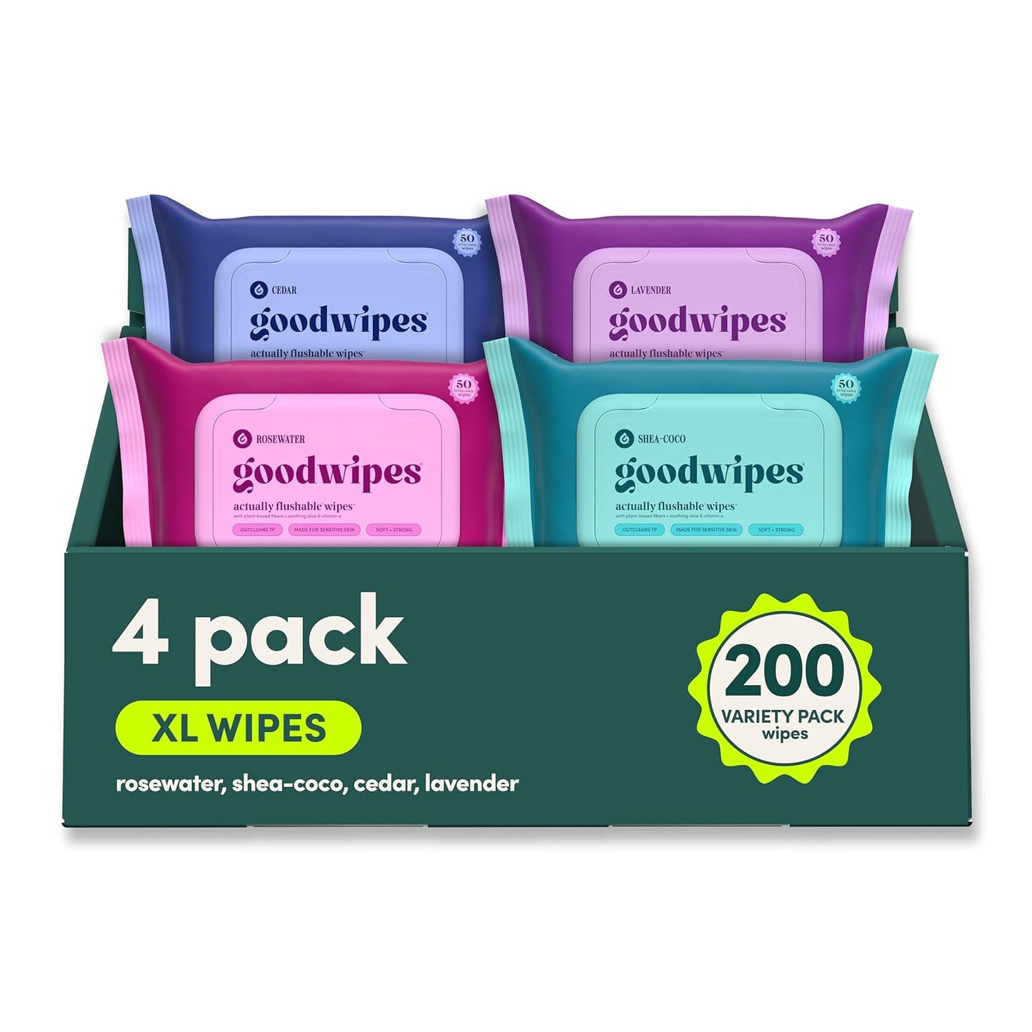 goodwipes Flushable Butt Wipes - Extra Large Adult Wet Wipes For Women & Men - Bathroom Essentials - Sewer & Septic Safe - Variety Pack, 200 Count (4 Packs)