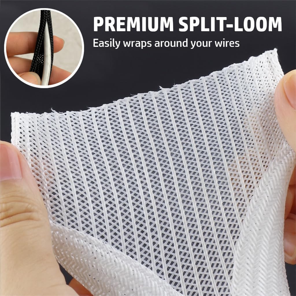 MGI SpeedWare Braided Split-Sleeve White Wire Loom for High-Temperature Automotive Harness and Home Cable Management 25 feet (1/4")