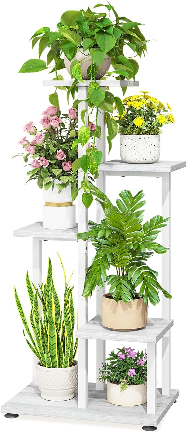 LASZOLA Wood Plant Stand Flower Holder Tall for Indoor Corner, 5 Tier White
