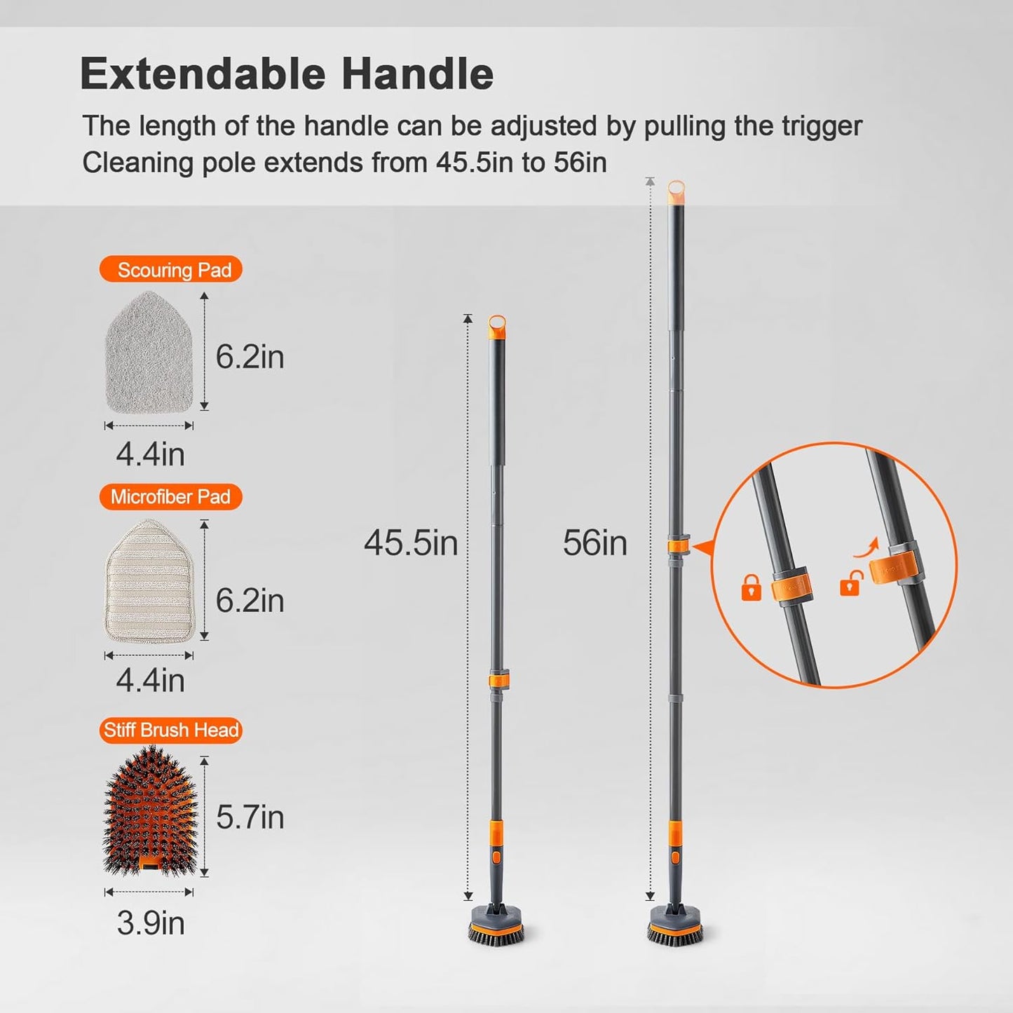 CLEANHOME Tile Tub Scrubber Brush with 3 Different Function Cleaning Heads and 56" Extendable Long Handle-No Scratch Shower Scrubber for Cleaning Bathroom Kitchen Toilet Wall,Bathtub,Sink,Grey