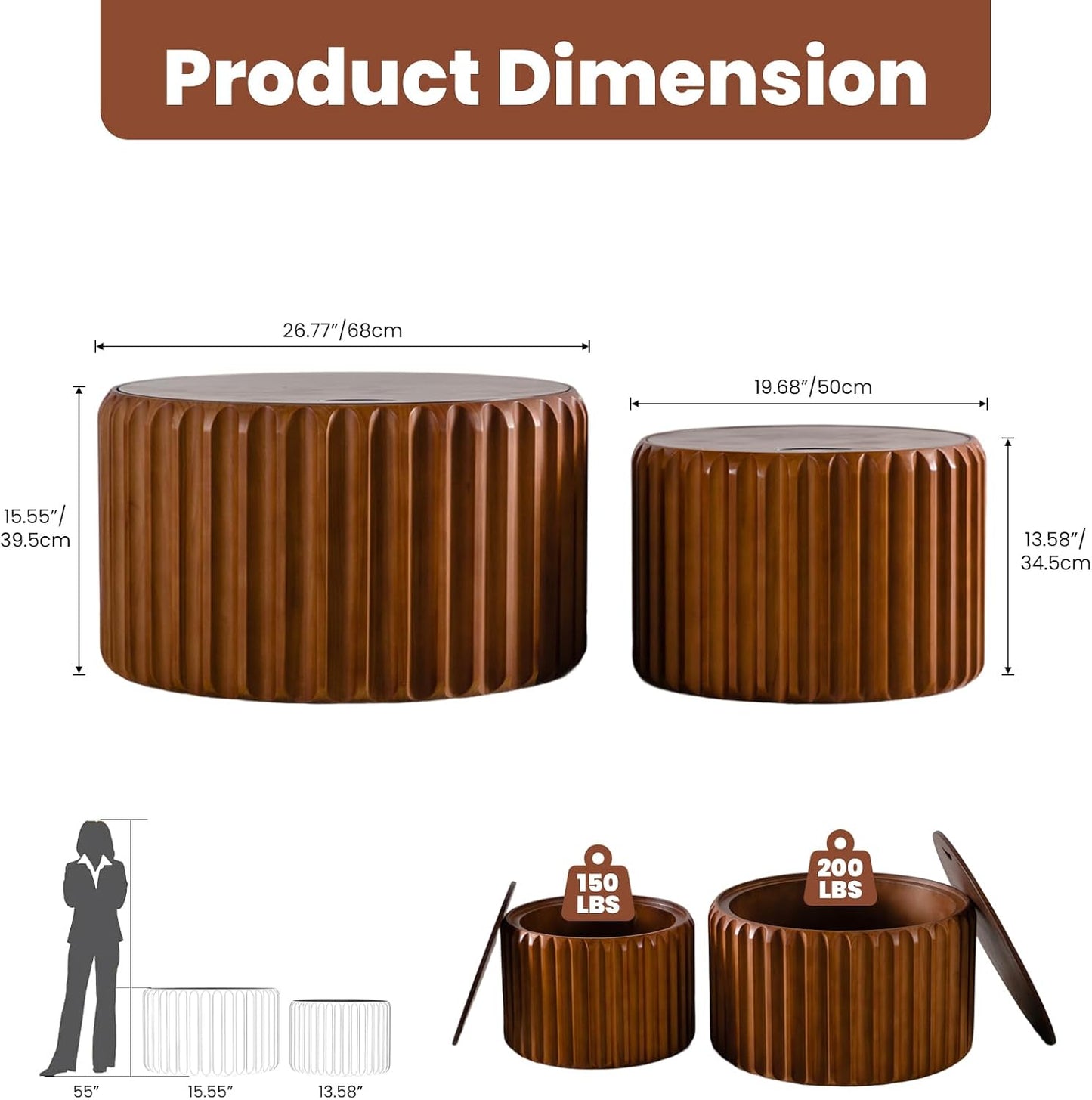 Round Fluted Nesting Coffee Table Set of 2 with Storage (Brown set of 2) | Wooden Coffee Table with Removable Lid Modern Handcraft Drum Accent End Table for Living Room Small Space Apartment