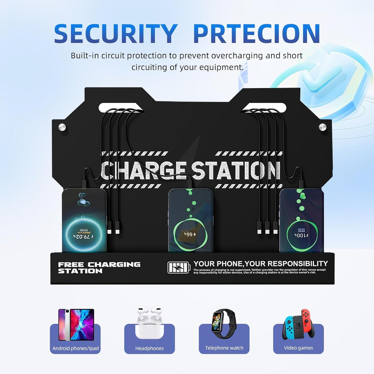 Mechanical Type Wall Mounted Charging Station with 8 PortHigh Speed Cables - Universal Dock for Apple, Type-C & Android Devices, Perfect for Airports, Hotels, Offices, School (Black)