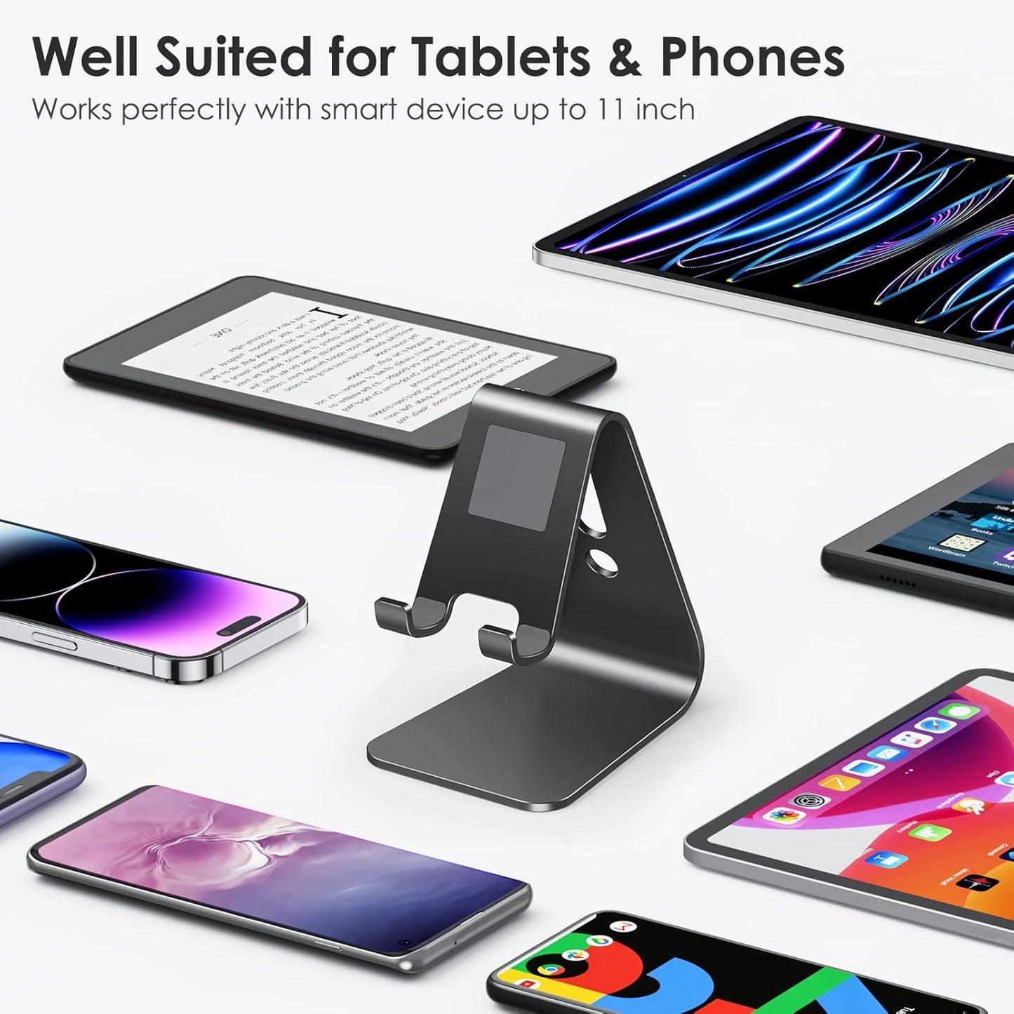 OMOTON Upgraded Aluminum Cell Phone Stand, C1 Durable Cellphone Dock with Protective Pads, Smart Stand Designed for iPhone 17 Air, 16/15/14/13 Pro Max XR XS, iPad mini, Android Phones, Black