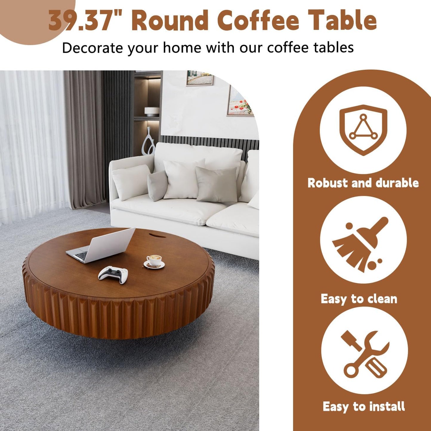 39.4" Brown Round Fluted Storage Coffee Table | Round Drum Coffee Table with Storage Handcrafted Solid Wood Fluted Edge, Sturdy Cylindrical Base for Living Room Apartment