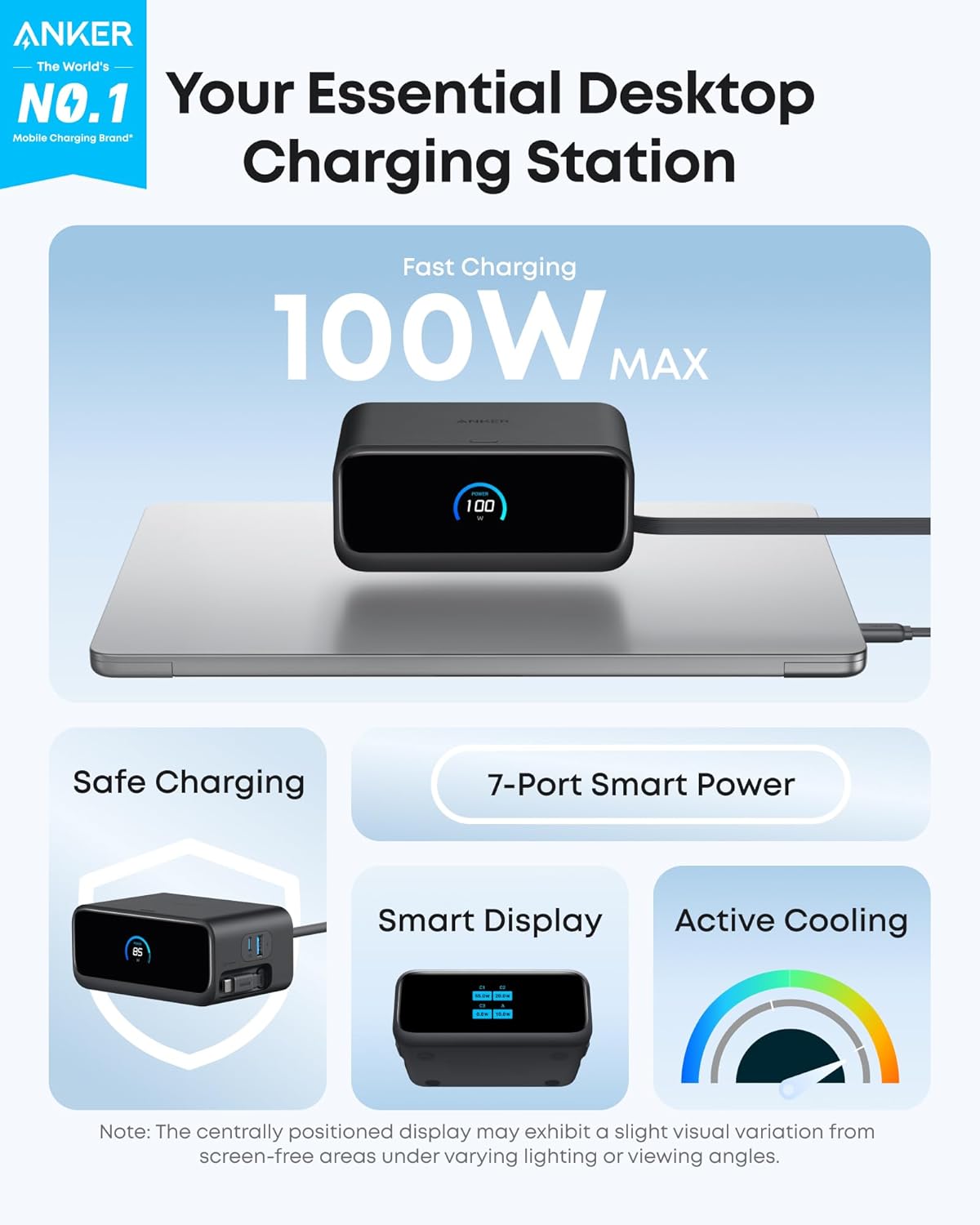 Anker Nano Charging Station, 100W 7-in-1 Power Strip, 2.3ft InstaCord Retractable Cable, Gaming Desk Accessories for Multiple Devices, 3 AC, 3 USB C, 1 USB A, MacBook Charger, Home Office(Non-Battery)