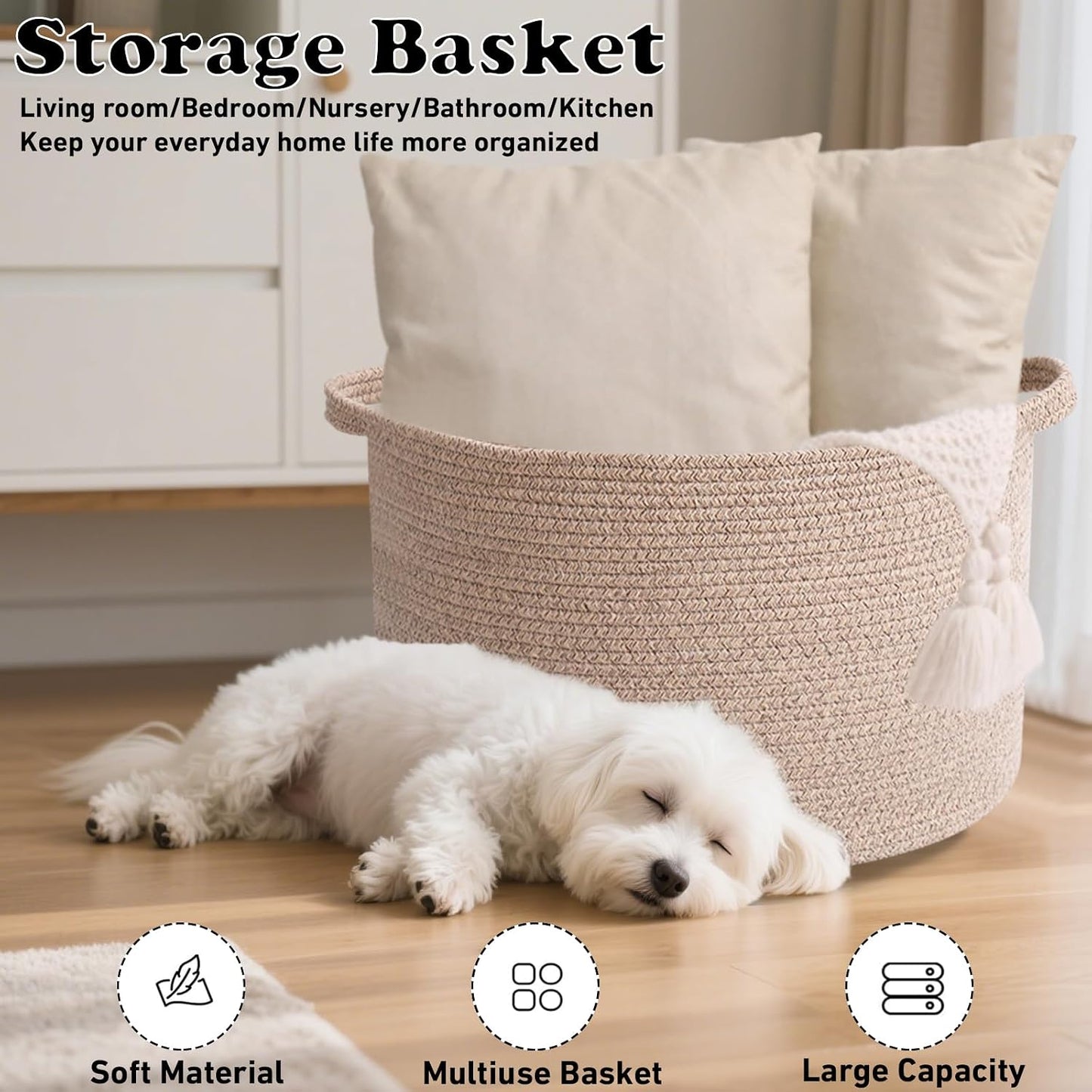 115L Large Blanket Basket,Woven Rope Laundry Basket-Brown | Collapsible, reinforced handles, nursery storage bin organizes clothes, toys and pillows for living room, bedroom bathroom.