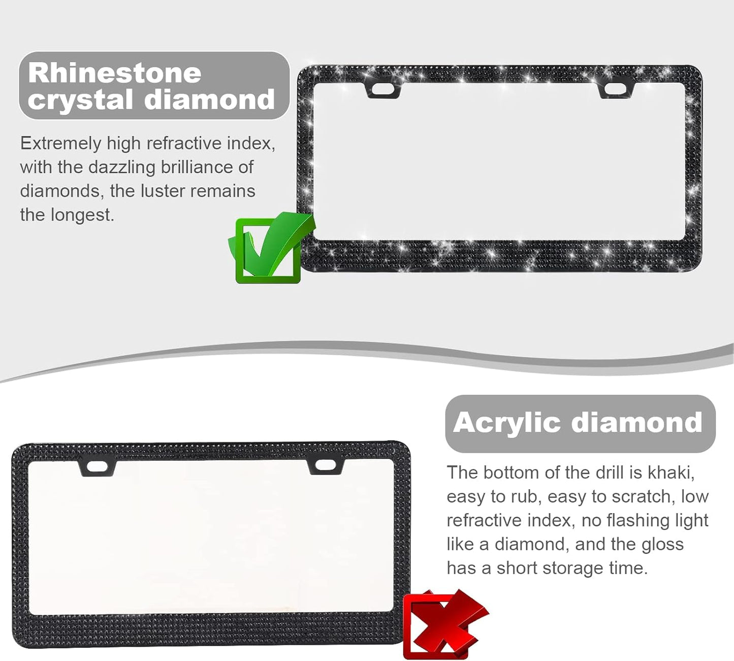 QUANQIUFEI 2 Pack Bling License Plate Frames for Women, Sparkly Rhinestone Diamond Car Accessories with Glitter Crystal Caps (Black)