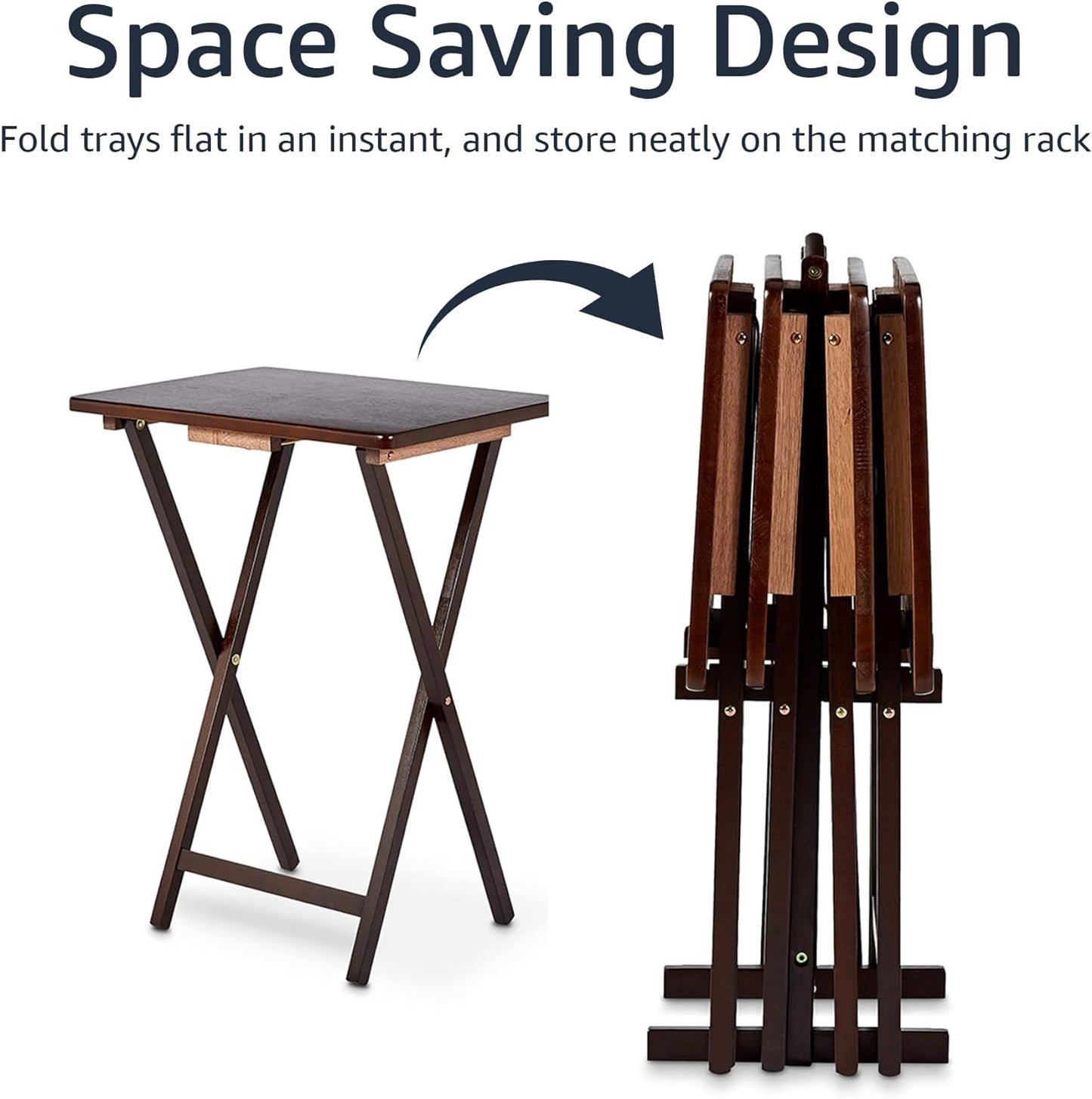 Amazon Basics Portable Foldable TV Tray Table with Storage Rack, Space-Saving Design, Sturdy Wood, 14.6"L x 19"W x 26"H, Espresso, 4-Pack