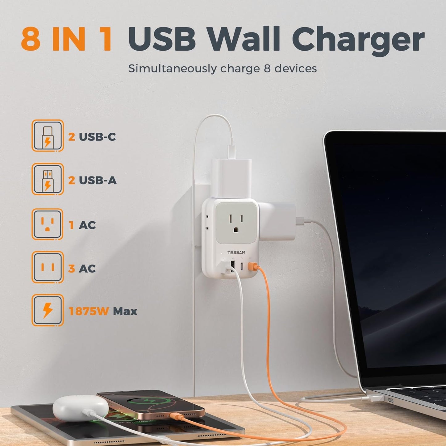 TESSAN USB C Charger Block 20W PD, Fast Charging Adapter with Foldable Plug, 1875W Power Outlet Extender(4 AC and 4 USB) for Cruise, Home, Office, Dorm Room Essentials, Grey