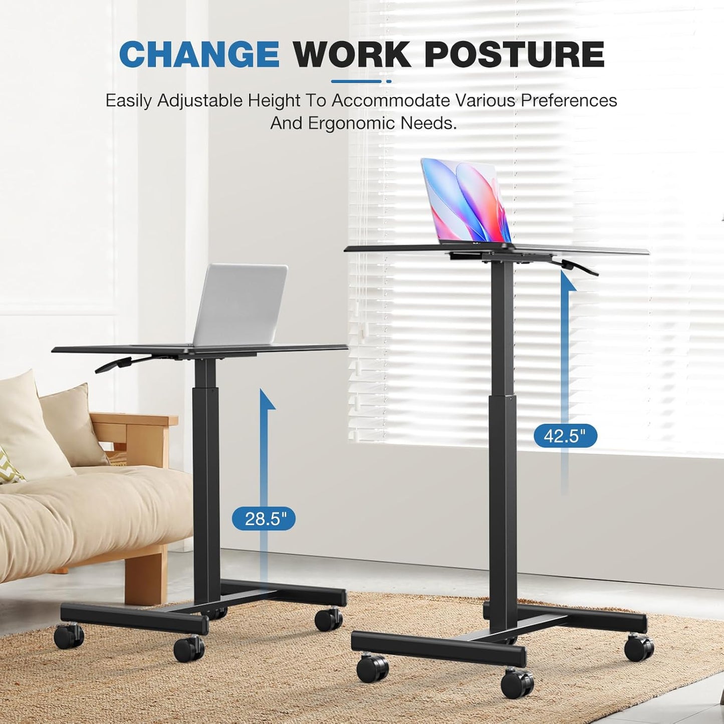OLIXIS Mobile Rolling Desk with Wheels Small Standing Laptop Desks Portable Pneumatic Adjustable Height Sit Stand Table Computer Workstation for Home Office Black