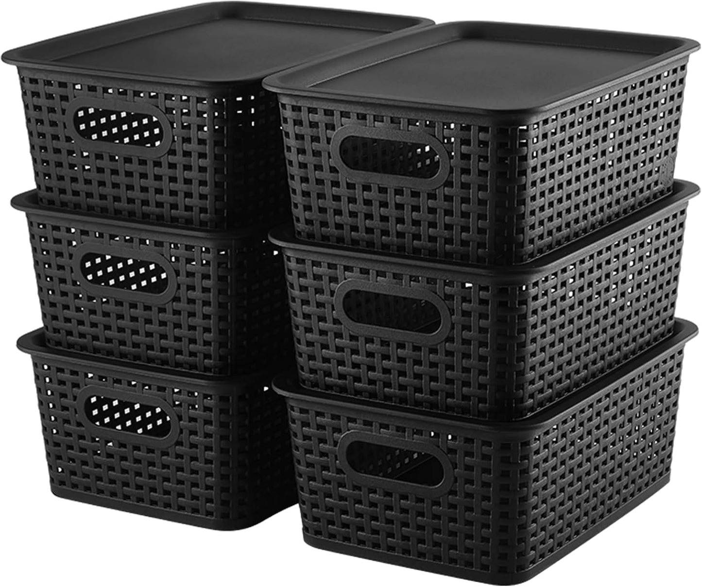 Storage Bins Plastic Storage Baskets With Lid Small Baskets for Organizing Stackable Storage Container Organizer Bins for Shelves Drawers Desktop Playroom Classroom Office, 6 Pack,Black