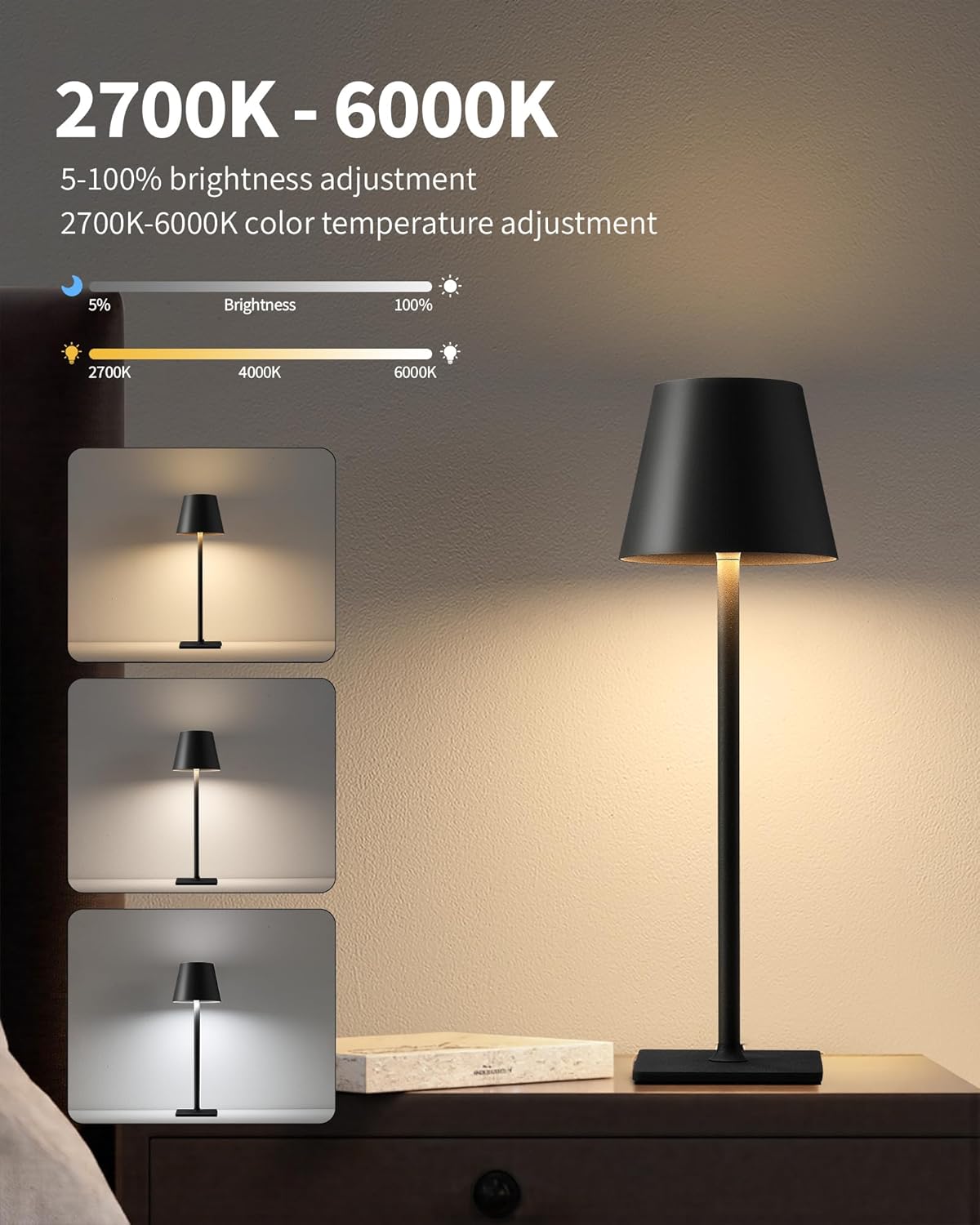 KDG 2 Pack Cordless Table Lamp, Portable LED Desk Lamps, 5000mAh Battery Operated, 3 Color Stepless Dimming Up, for Restaurant, Bedroom, Outdoor Camping, Coffee Shop, Night Light, Rechargeable (Black)