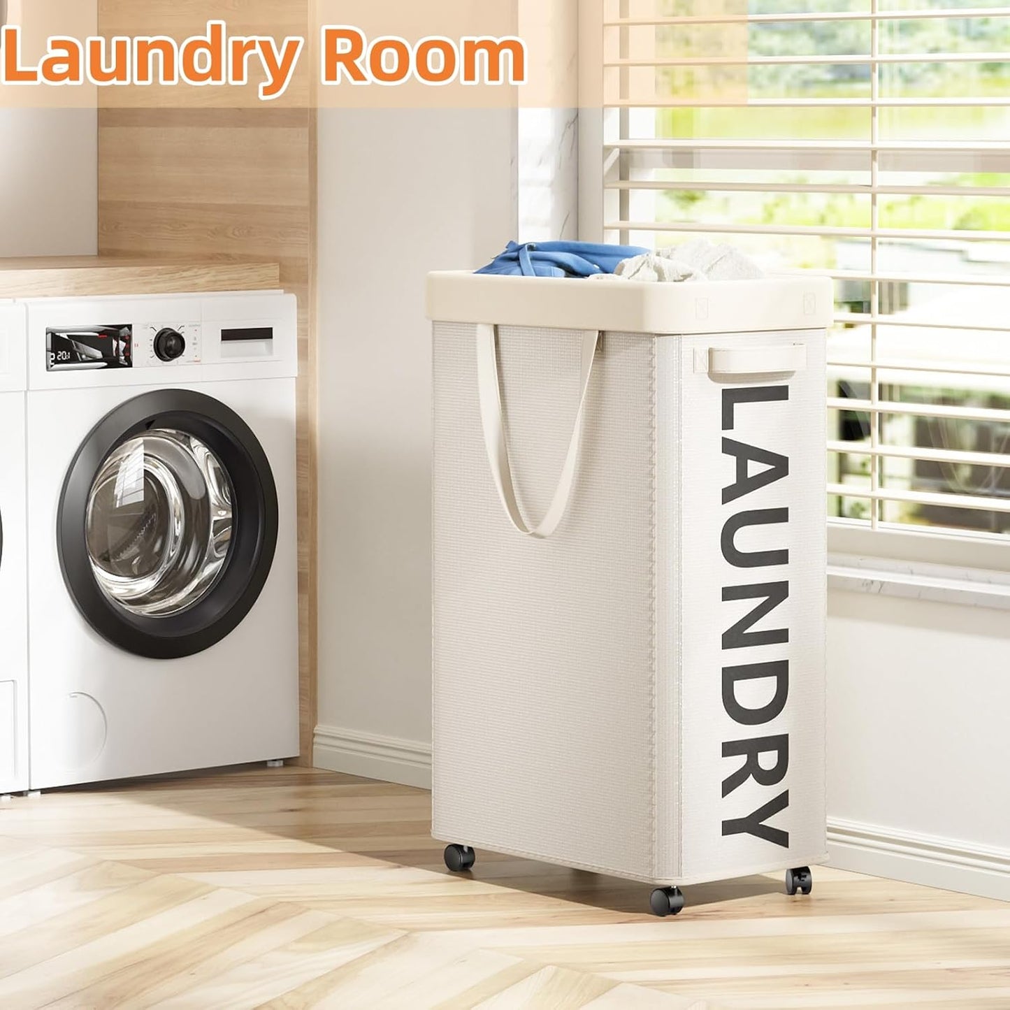 Optish Laundry Basket with Wheels, 90L Rolling Laundry Hamper with Wheels, Large Clothes Hamper on Wheel with Removable Mesh Bag for Bedroom, Bathroom, Dorm, White