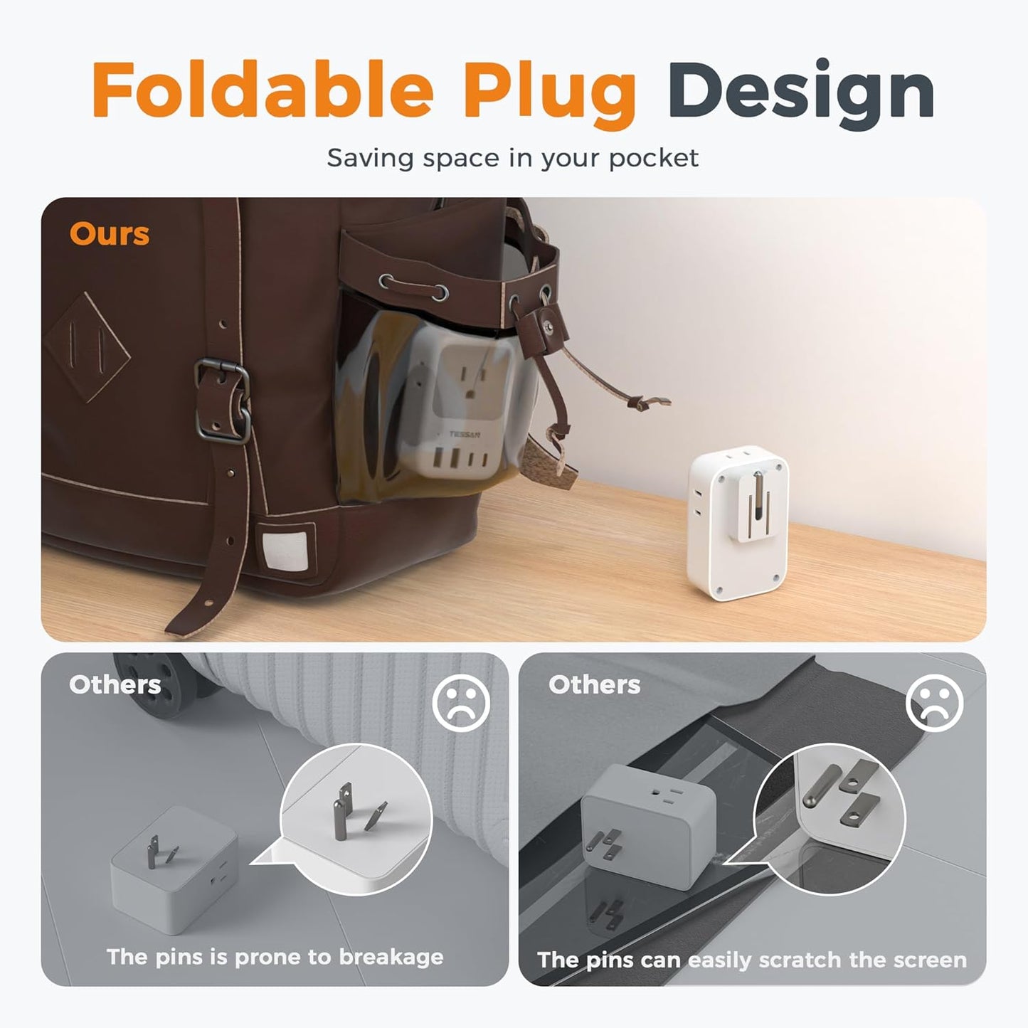TESSAN USB C Charger Block 20W PD, Fast Charging Adapter with Foldable Plug, 1875W Power Outlet Extender(4 AC and 4 USB) for Cruise, Home, Office, Dorm Room Essentials, Grey