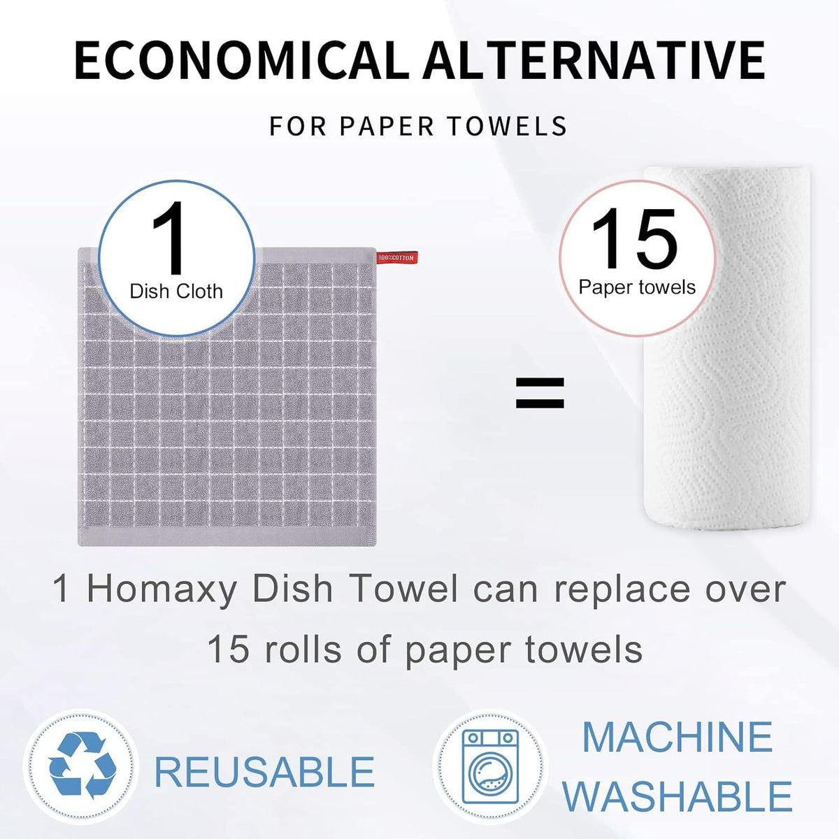 Homaxy 100% Cotton Terry Kitchen Dish Cloths, 8 Pack, Light Grey