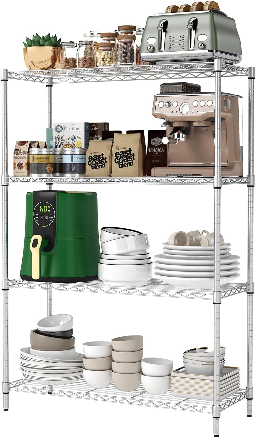 BestOffice | 4-Tier Wire Storage Shelves | 36x14x54 | Chrome | with Adjustable Racks | Heavy-Duty Metal Shelf, Holds Upto 1000 lbs | No-Tool Assembly | Ideal for Home & Garage Shelving