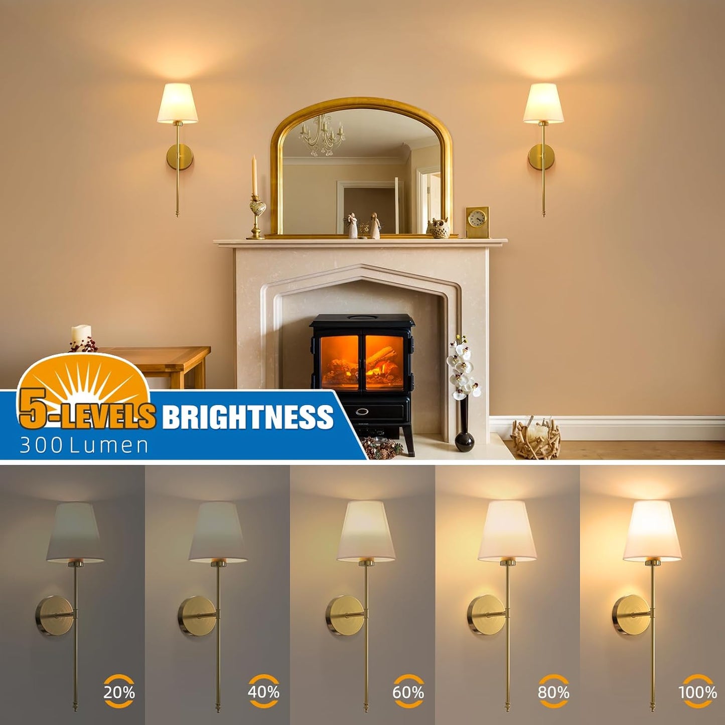 NIORSUN Battery Operated Wall Sconce Set of 2,Gold Rechargeable Wall Lights with 10400mAh Dimmable Bulbs and Remote,10 Colors Wireless Wall Lamps for Bedroom Living Room Hallway Decor