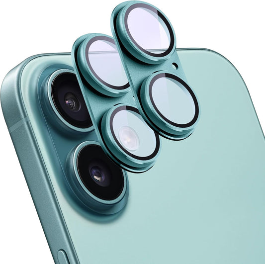 2 Pack Camera Lens Protector for iPhone 16/16 Plus,[Not Easy to Breakn ] AR Tempered Glass Strong Adsorption Metal Camera Cover Screen-Cyan