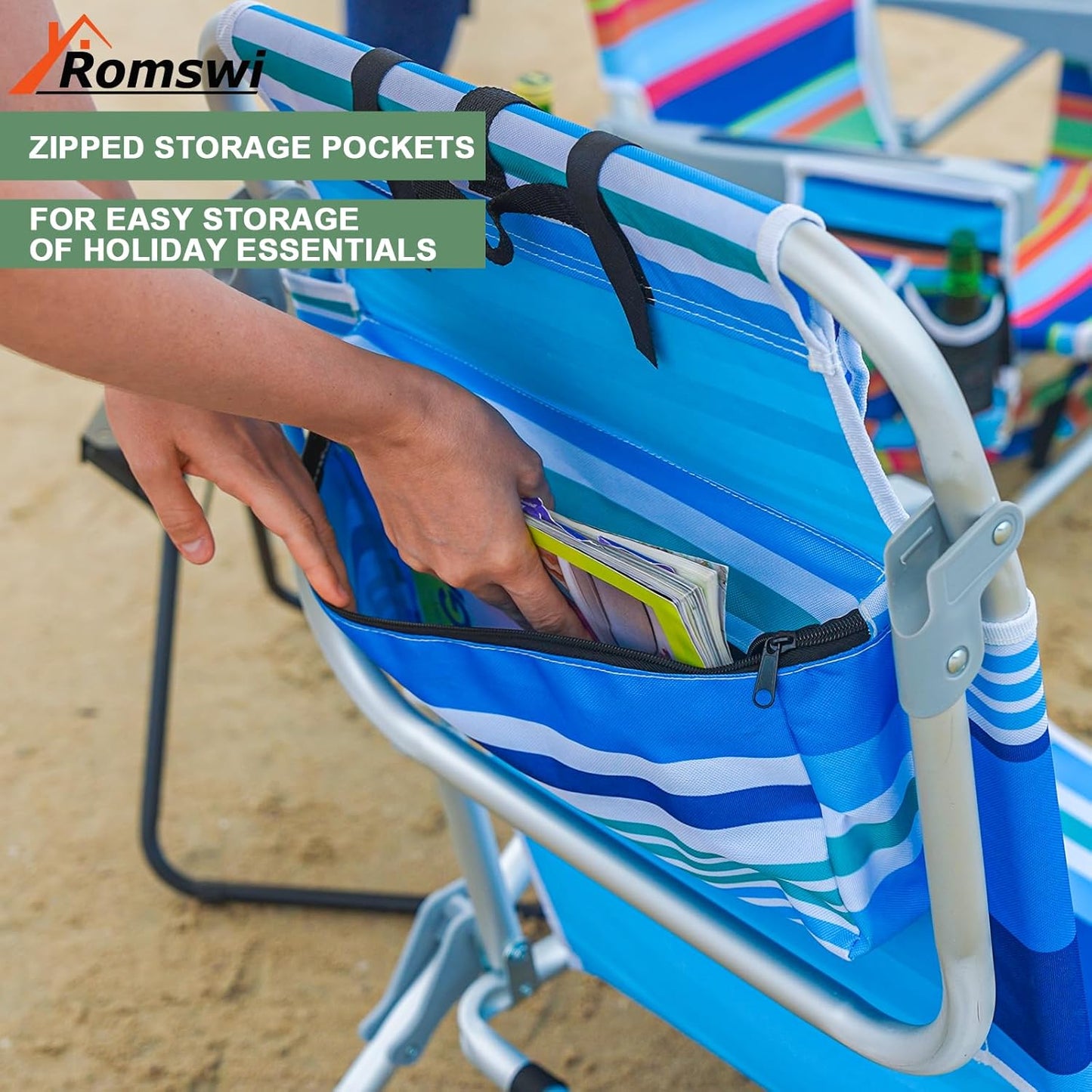 2Pk Aluminum Extra Wide 5-Position Lay Flat Folding Backpack Beach Chairs for Adults, with Cooler Bag, Cup&Phone Holder, Towel Bar for Outdoor Lawn Picnic Sport, Portable Camping Chairs, Blue Stripes