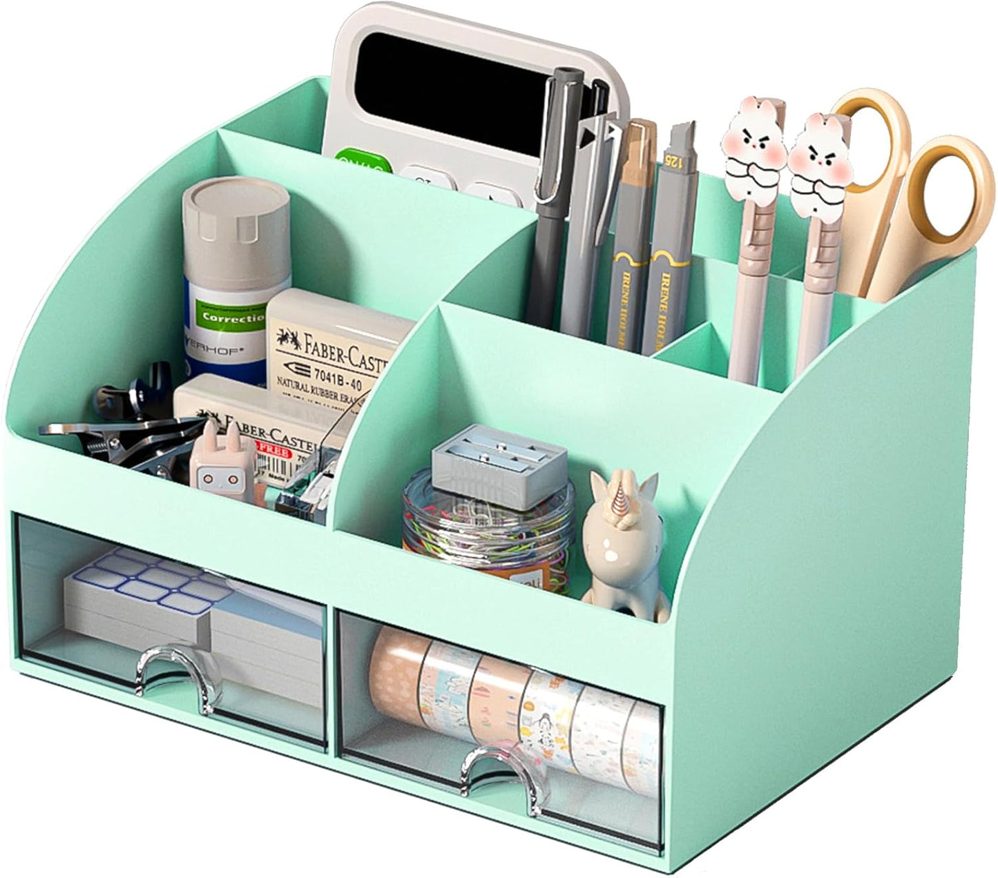 COMFYROOM Desk Organizer with 6 Compartments and 2 Drawers, Plastic Makeup Organizer, Pen Holder for Desktop Storage, Desk Organization for School, Home, Office Supplies (Dark Green)