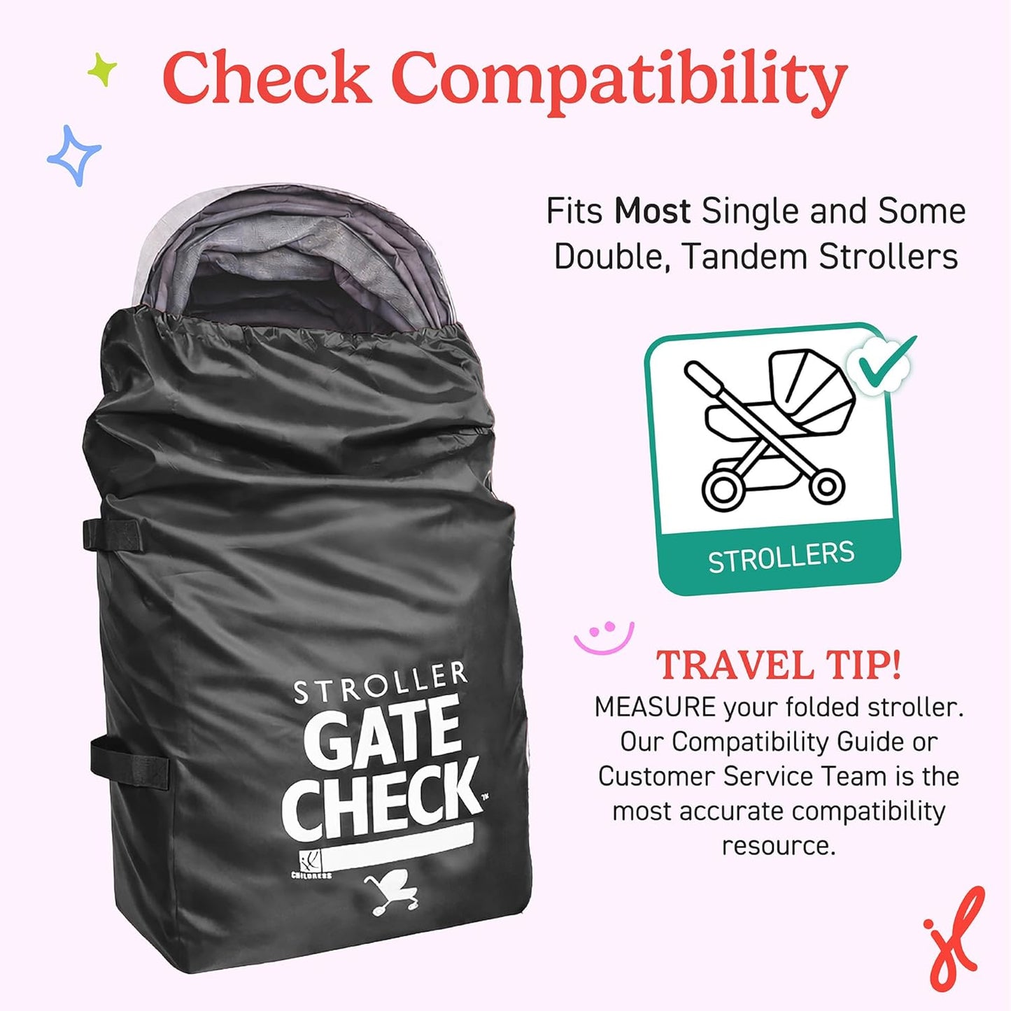 J.L. Childress Gate Check Bag for Single & Some Double Strollers - Travel Bag for Airplane, Fits Most Standard Baby Strollers, Airport Accessories Gate Check, Flying Essentials - Black