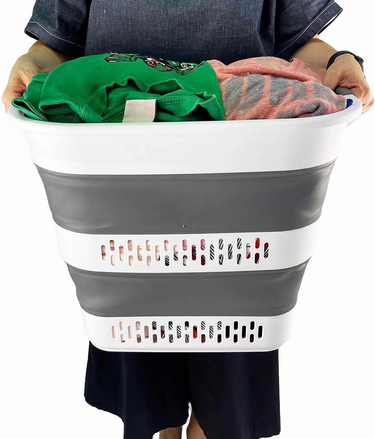 SAMMART 40L (10.5 Gallon) Collapsible Plastic Laundry Basket - Foldable Pop Up Storage Container/Organizer - Portable Laundry Hamper - Space Saving (1, White/Steel Grey)