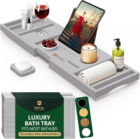 ROYAL CRAFT WOOD Premium Foldable Bathtub Tray Caddy - Wood Bath Tray for Tub, Bamboo Shelf, Expandable Bath Table Trays, Bathtub & Bathroom Accessories for New Home & Mothers, Birthday Gifts for Mom