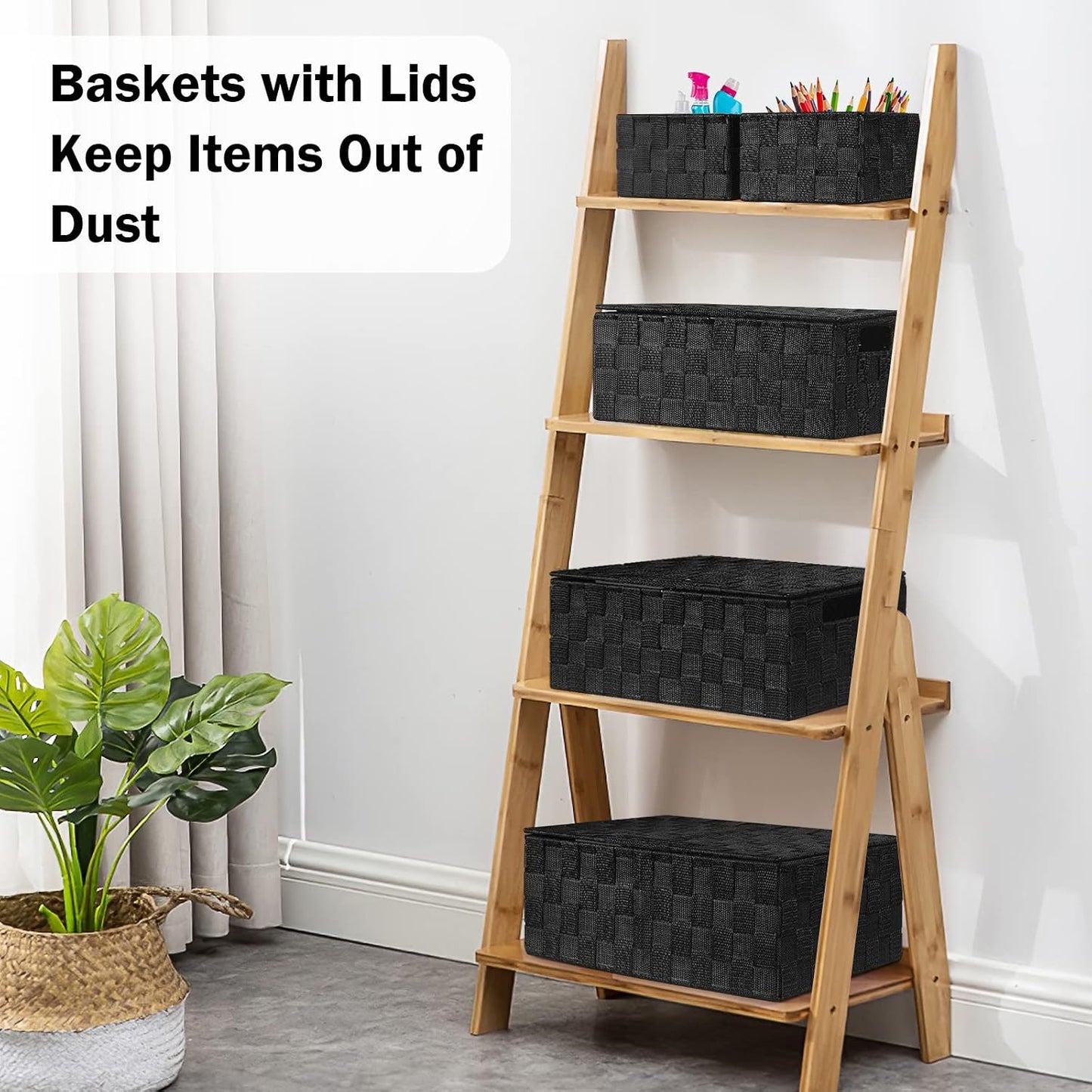 Storage Baskets with Lids: 5 Pack Stackable Woven Storage Bins, Black