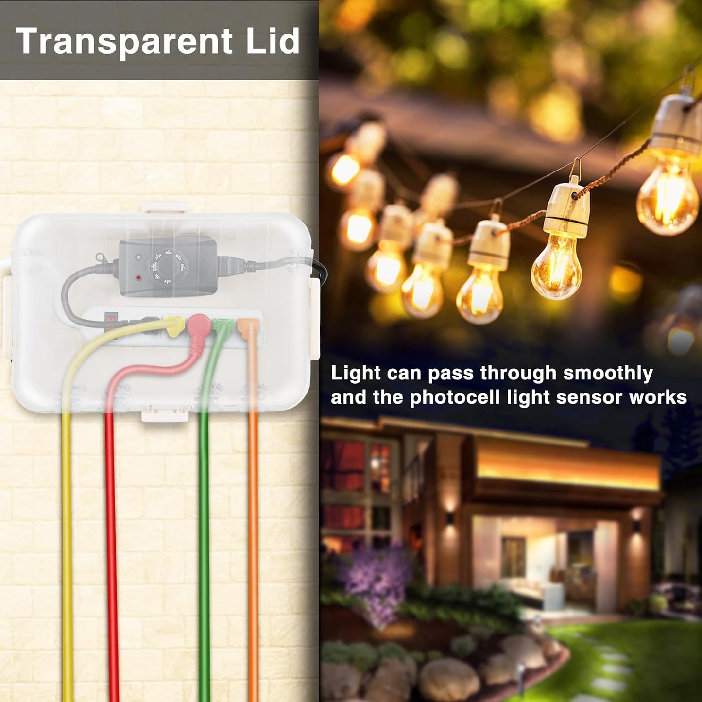 Flemoon Large Outdoor Electrical Box, Waterproof Extension Cord Cover | 6 Cable Entry Ports, IP54 Weatherproof Connection Box with Clear Lid for Photocell Light Sensor Timer, Outlet, Socket, Almond