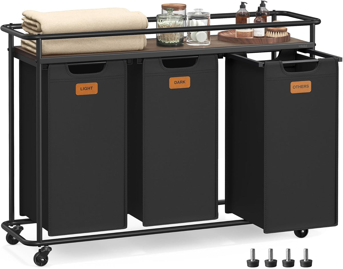 VASAGLE Laundry Sorter, Laundry Hamper with Wheels, 39.6 Gal. (150 L) Portable Rolling Cart Baskets with Shelf, 4 Removable Liners and 6 Labels, Ink Black and Chestnut Brown URLS100B01
