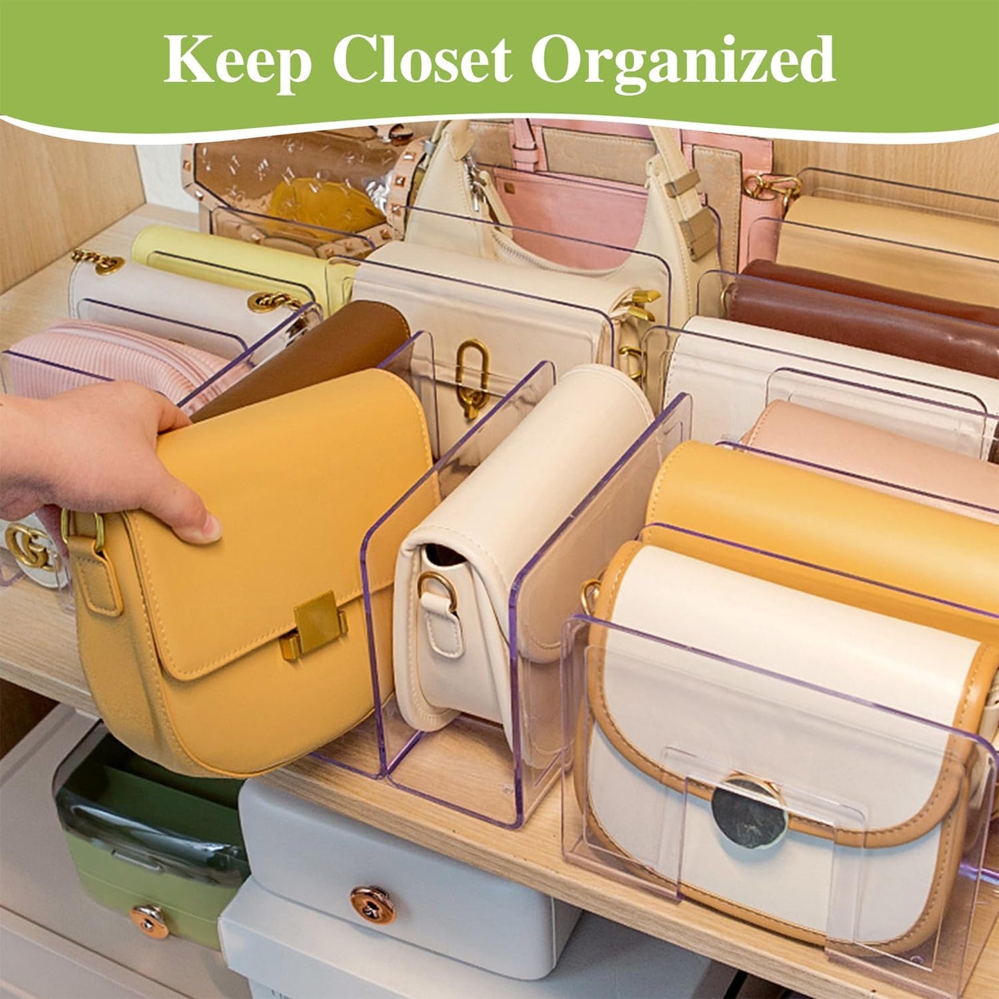2 Pcs Purse Organizer for Closet, Acrylic Clear Purse Storage Organizers, Closet Organizers and Storage Purse Handbag Divider Holder, 4 Sections Purse Organizers Dividers in Bedroom Office (green)