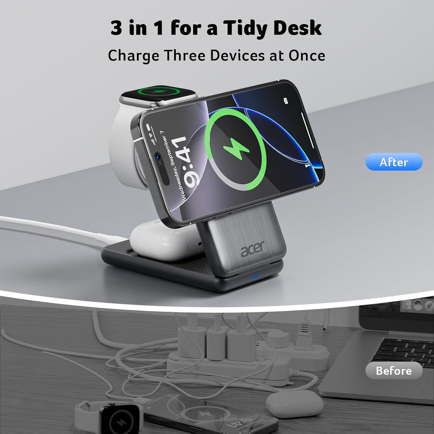 Acer 3 in 1 Charging Station for Apple Device, Magnetic Palm-Sized Foldable Fast Charger Stand Compatible with MagSafe for iPhone 17, Apple Watch & AirPods, Foldable Charging Dock for Desk S3