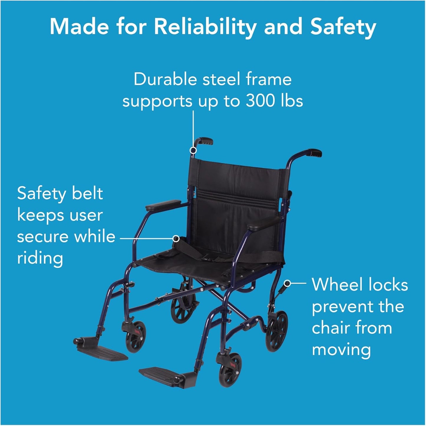 Carex Transport Wheelchair With 19 inch Seat, Folding Transport Chair with Foot Rests, Foldable Lightweight Wheelchair Foldable for Storage and Travel