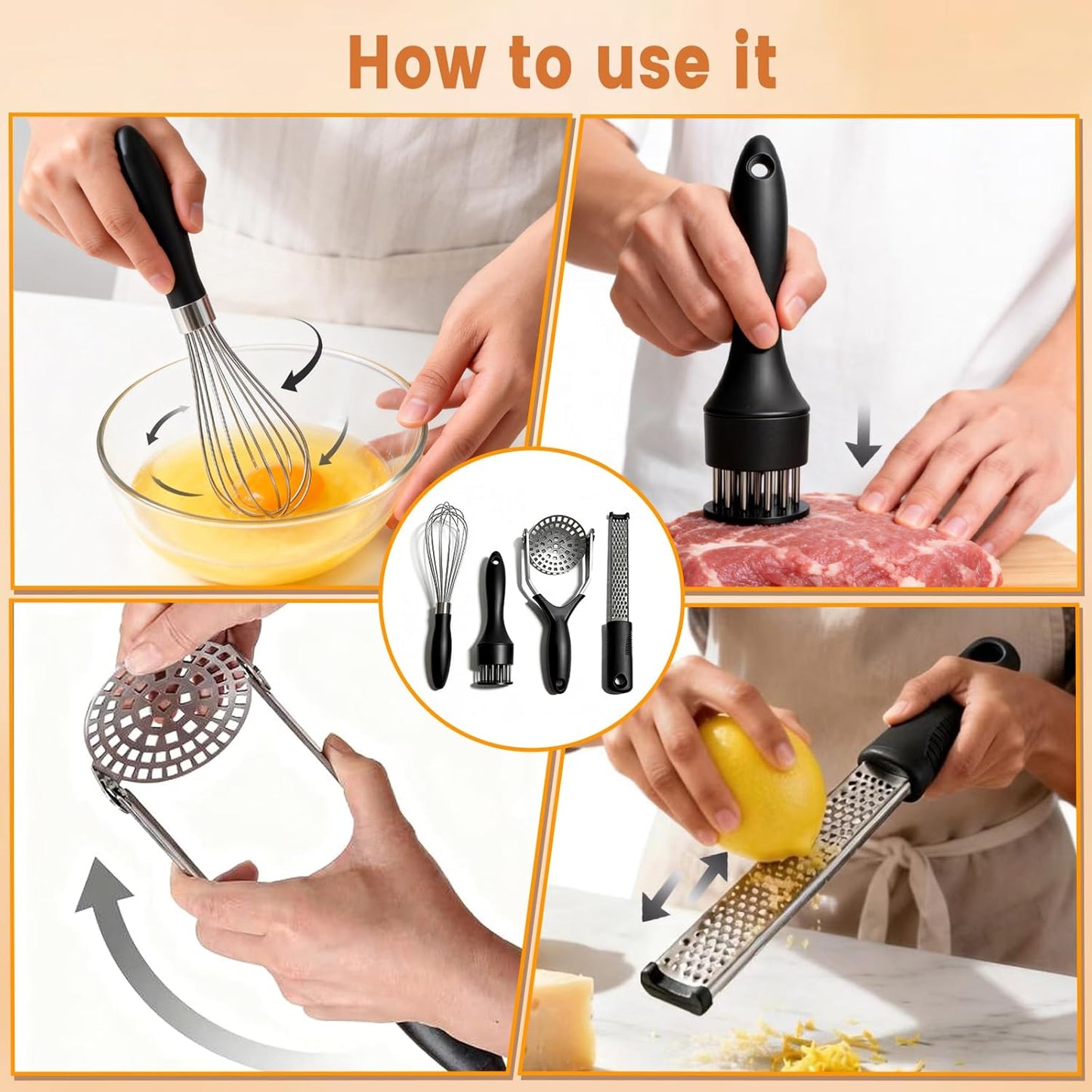 4-Piece Kitchen Gadget Set - Includes Balloon Whisk, Meat Tenderizer, Potato Masher, Grater/Zester, 304 Stainless Steel, Dishwasher Safe