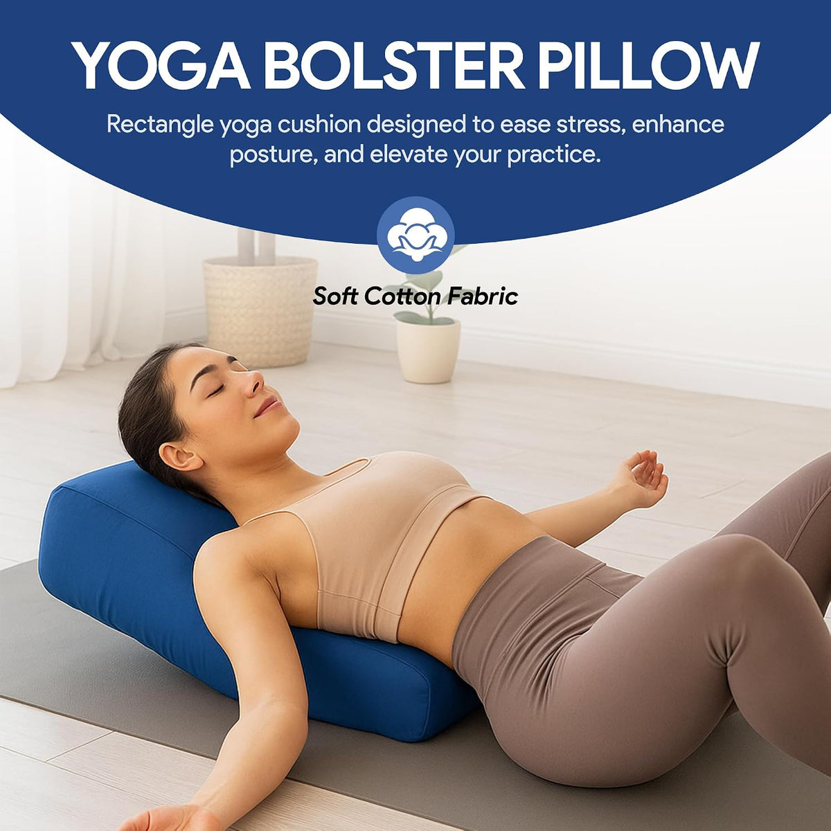 Rectangular Yoga Bolster Pillow for Meditation, Yoga & Back Support – Soft Meditation Cushion with Removable Hand Wash Cotton Cover & Carry Handle (Blue)