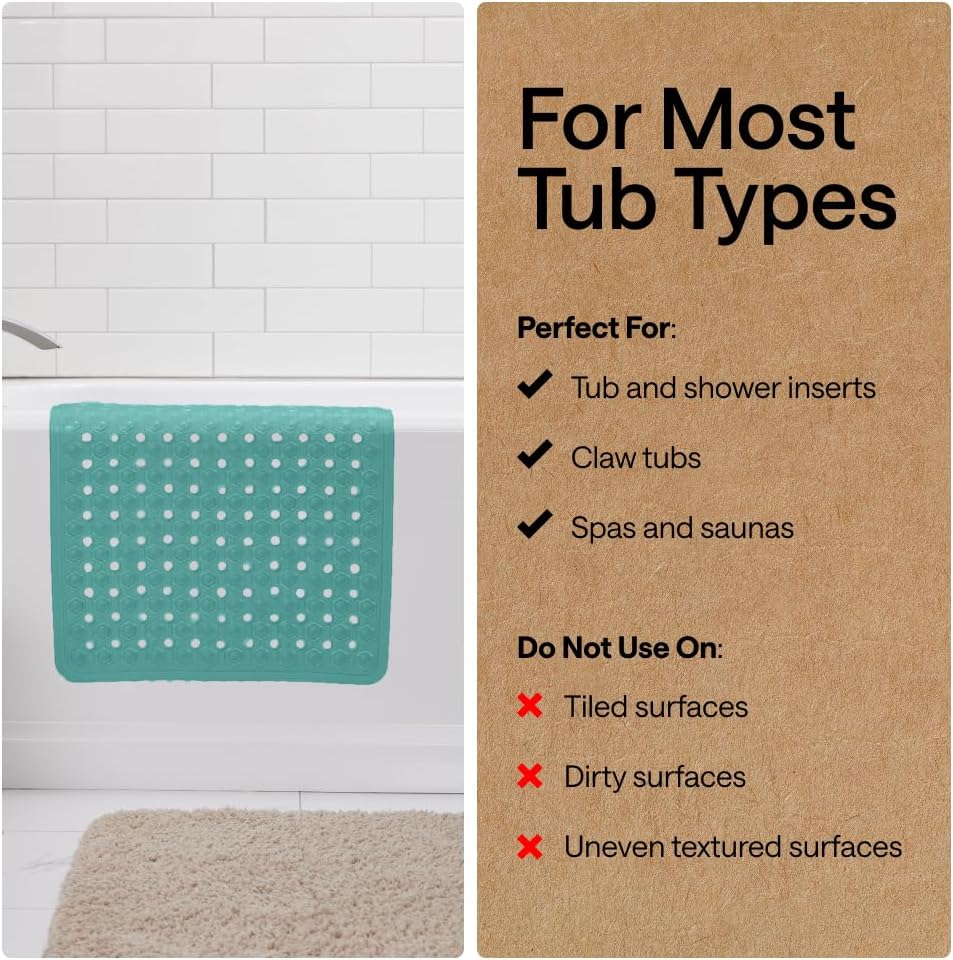 GORILLA GRIP Patented Bath Tub Shower Mat, Machine Washable Bathtub Floor Liner Mats, Suction Cups and Drain Holes to Keep Tubs Clean, Soft on Feet, Bathroom Essentials, 35x16 Inch, Turquoise Opaque