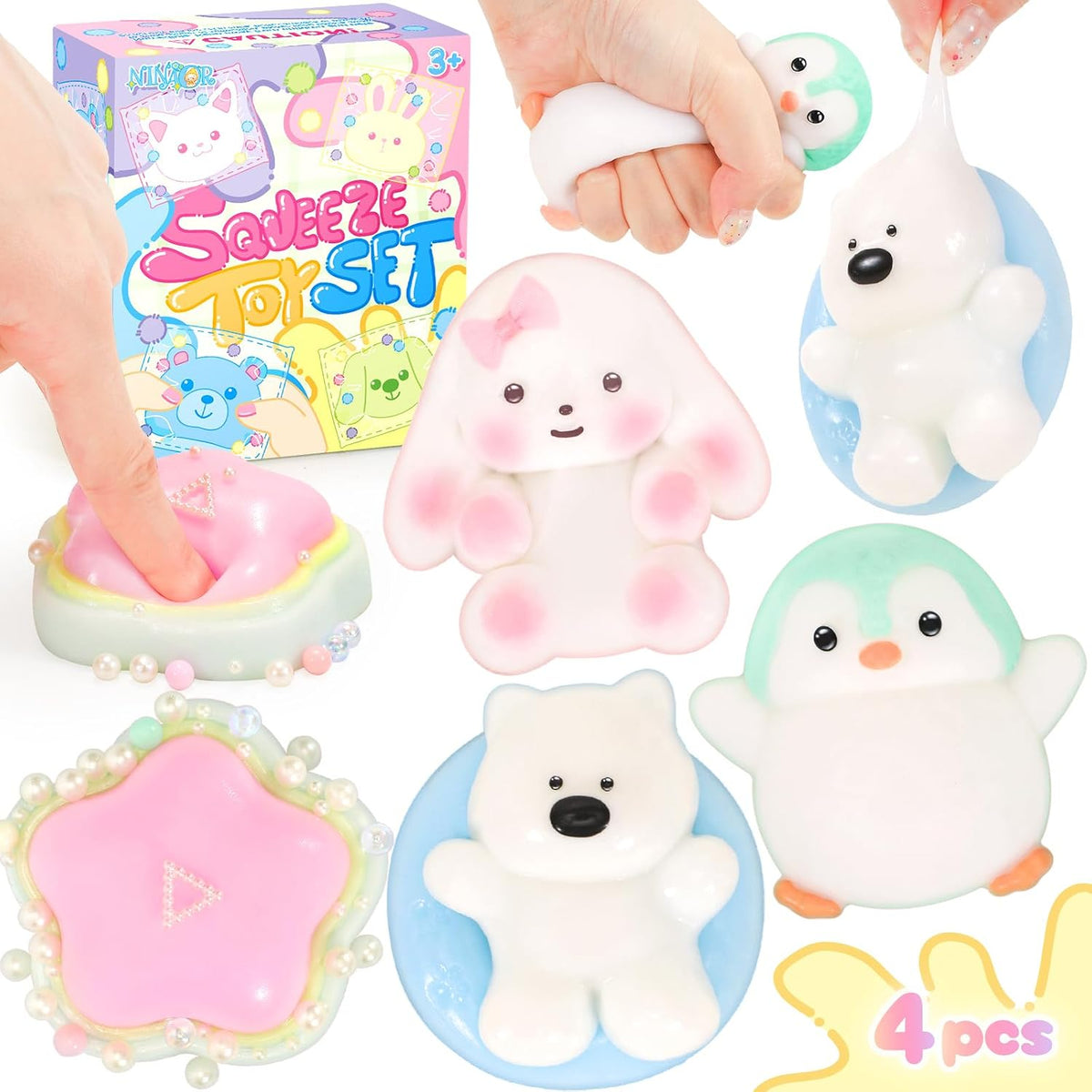 NINAOR Squishy Fidget Toys 4Pcs, Cute Penguin Bunny Pool Dog Squeeze Sensory Toys for Kids Stress Relief Gifts Treasure Box Toys for Classroom Birthday Party Favors Easter Stocking Stuffers for Teens