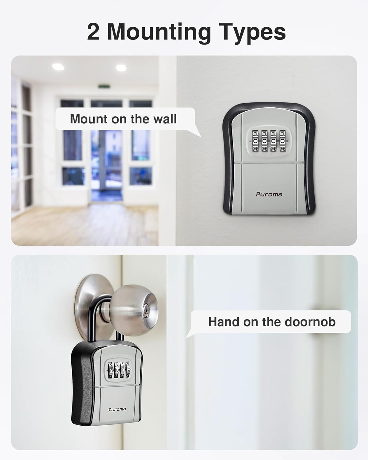 Puroma Key Lock Box, Portable Combination Lockbox Wall-Mounted Key Storage Box for House Keys, Resettable Code Safe Security Lock Box for Home, Office, Apartment Spare Key Storage (1 Pack, Gray)