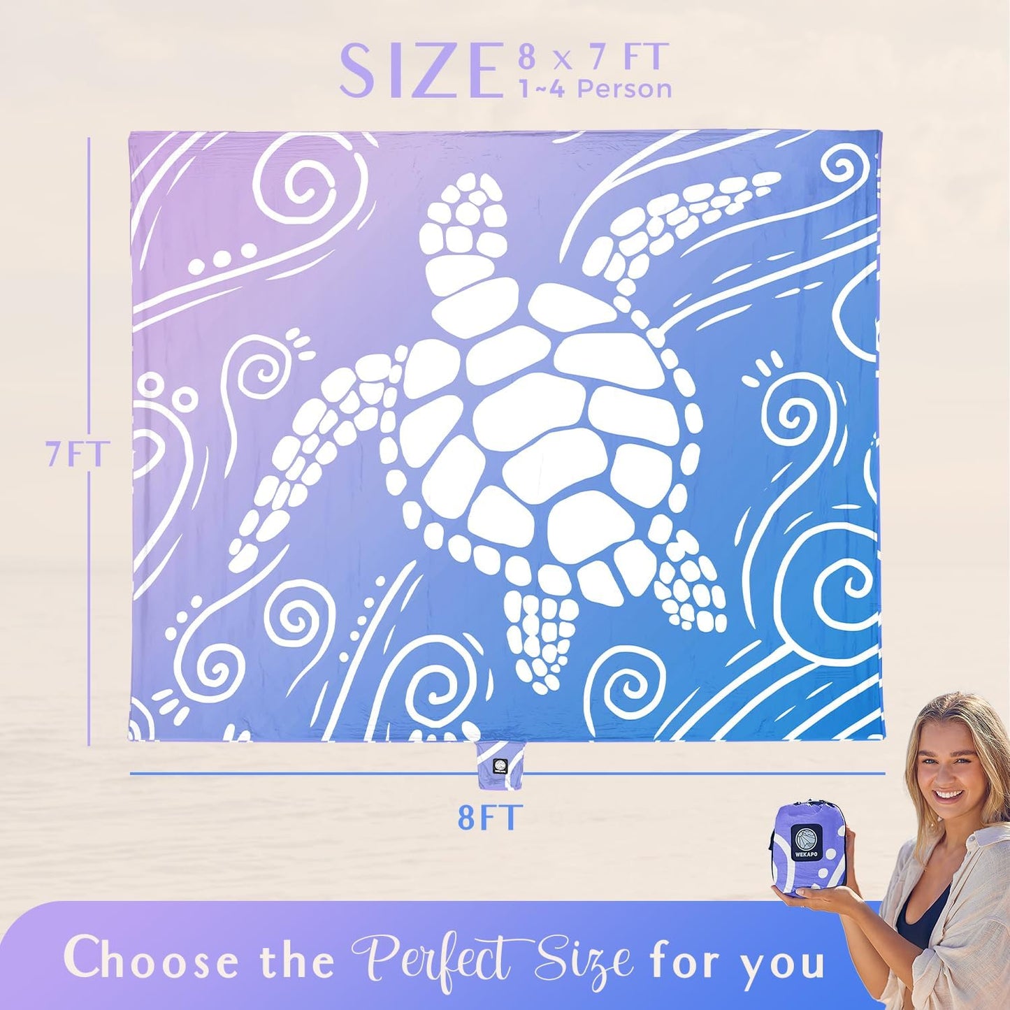 WEKAPO Beach Blanket Waterproof Sandproof Oversized Extra Large Sand Free Beach Mat with Stakes, Storage Bag - Essentials for Outdoor Beach, Picnic (Blue Purple Sea Turtle, 8 X 7 FT (1~4 Person))