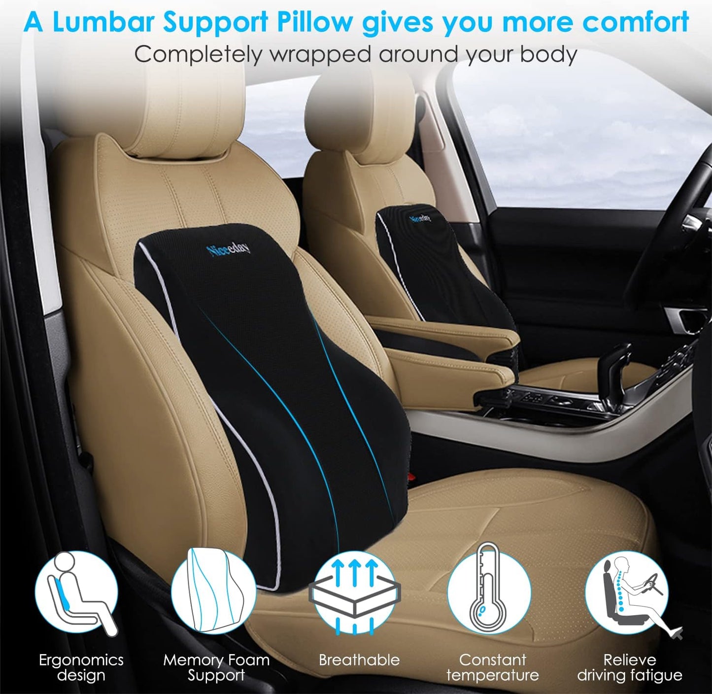 Niceeday Lumbar Support Pillow for Office Chair Car Back Support Pillow, Memory Foam Gaming Chair Desk Chair Back Cushion for Lower Back Pain Relief, Ergonomic Back Rest,Office Home Essentials