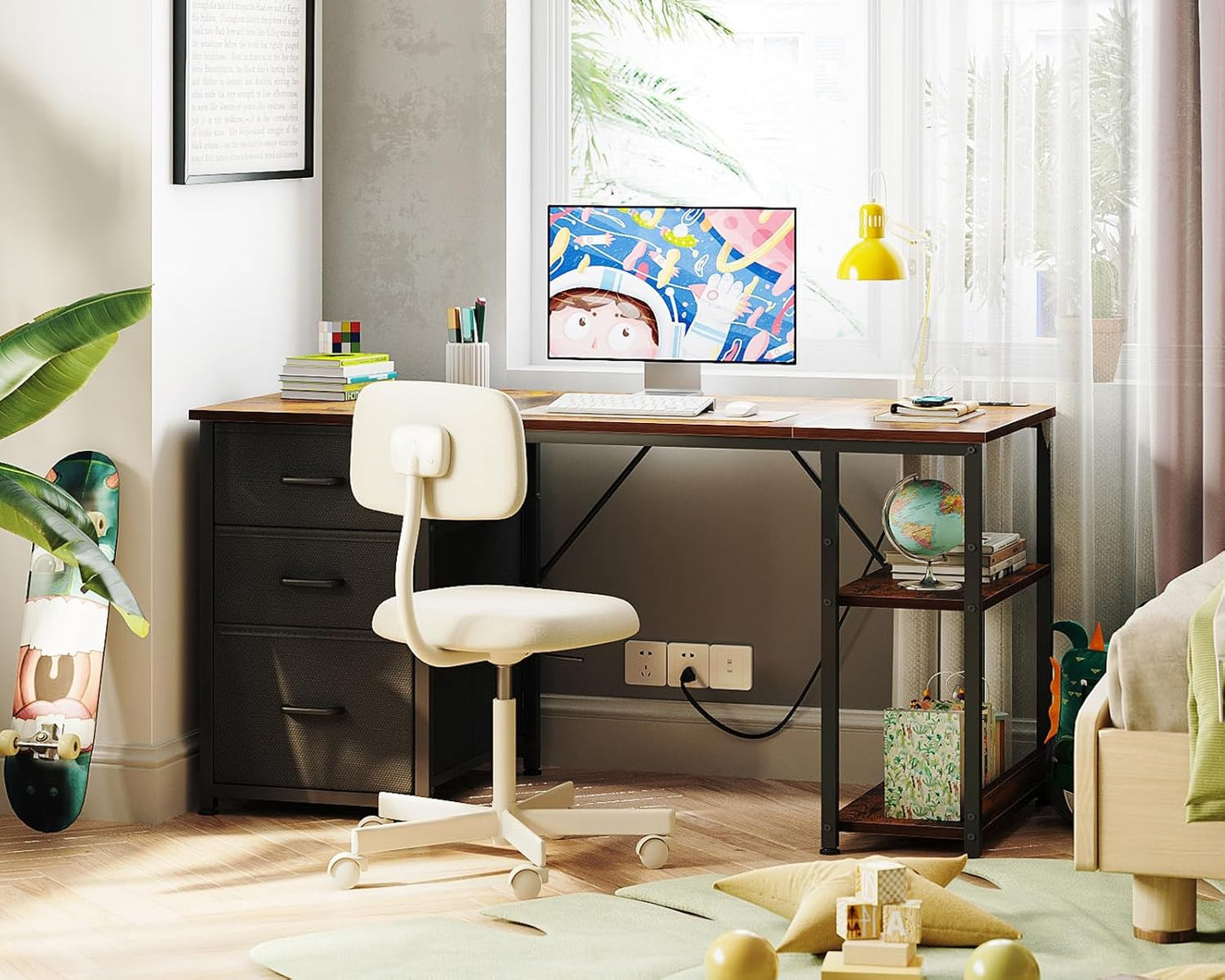 AODK 51 Inch Computer Desk with Fabric Drawers & USB Power Outlets, Reversible Home Office Desk with Storage Shelves, Work from Home, Modern Work/Writing/Study Table for Bedroom, Vintage