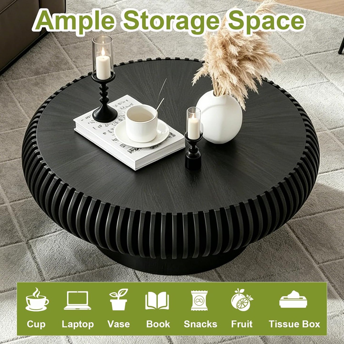 31" Black Round Drum Wood Fluted Coffee Table (E, 1PC) | For Living Room, Wooden Grooves, Circle Pedestal Center Table, Farmhouse Modern Style, For Small Spaces, Easy Assembly